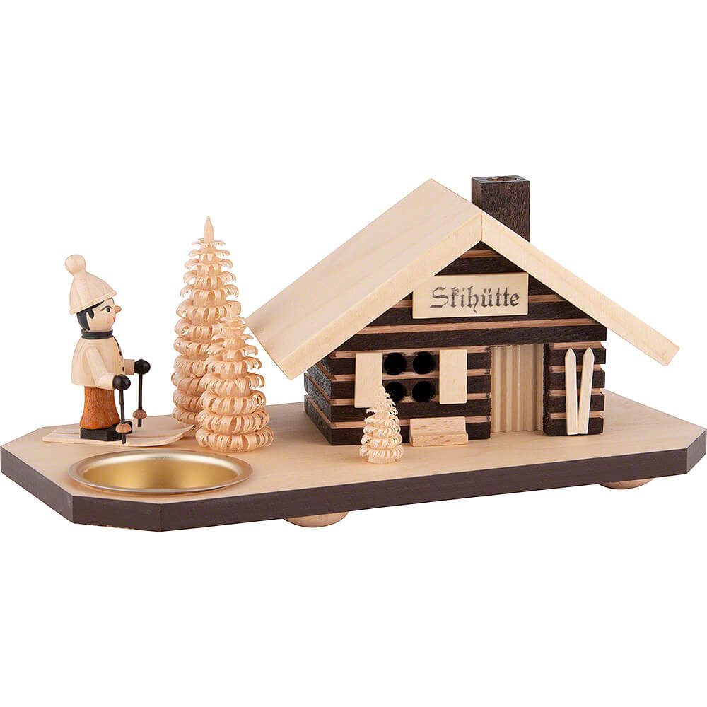 Dregeno Erzgebirge Räuchermännchen Räucherhaus Skihütte mit Skifahrer, für Teelicht (10cm) von Dregeno Se