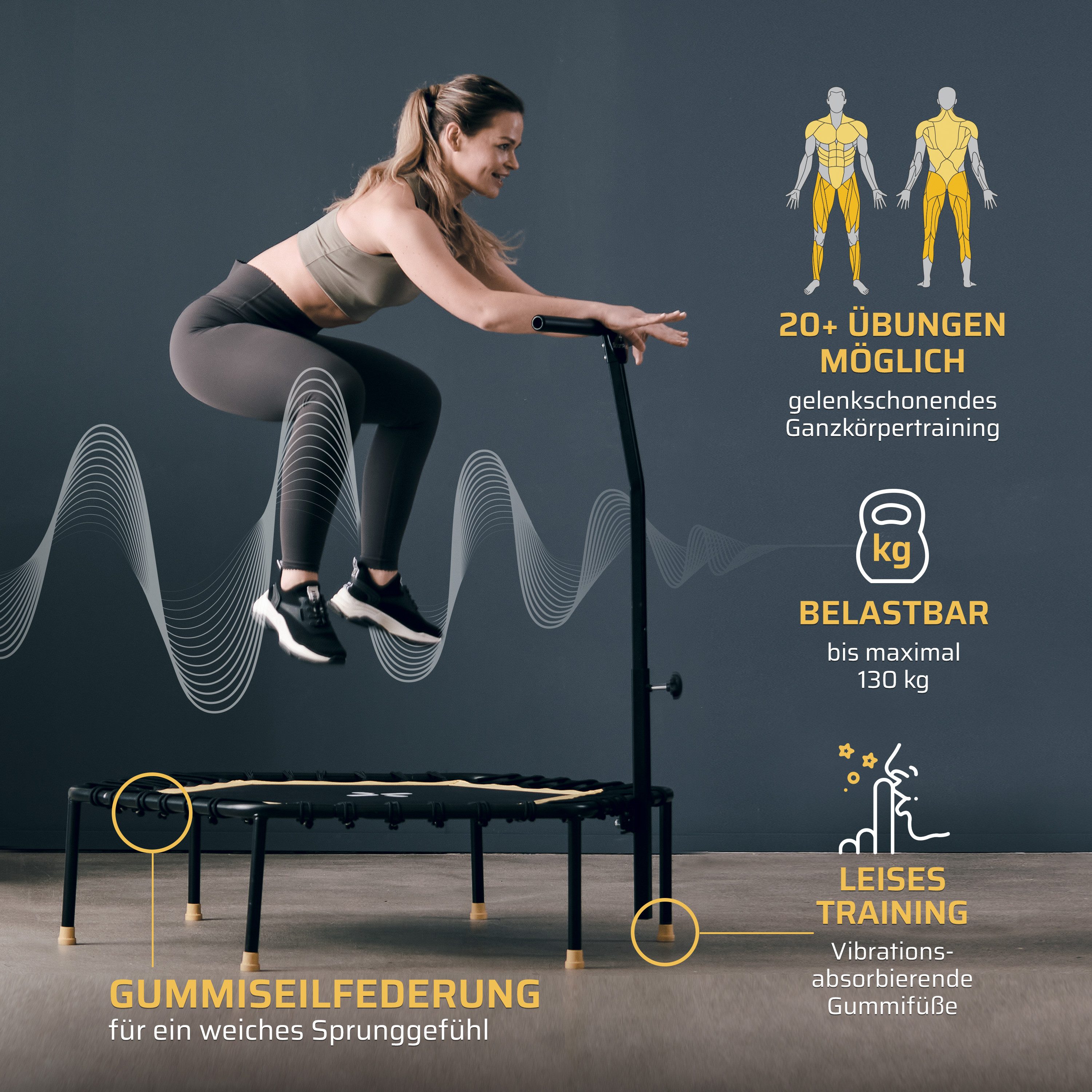 SportPlus Fitnesstrampolin SP-T-1100-Y, Ø 126 cm, mit Haltefunktion, Indoor Jumping, Gummiseile, Ø 126 cm