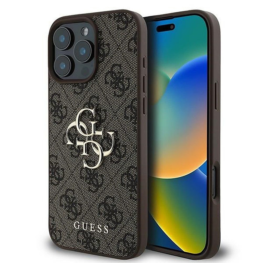 Guess Handyhülle Schutzhülle Rückschale, 4G-Logo-Print, goldfarbene Plakette, Kameraschutz
