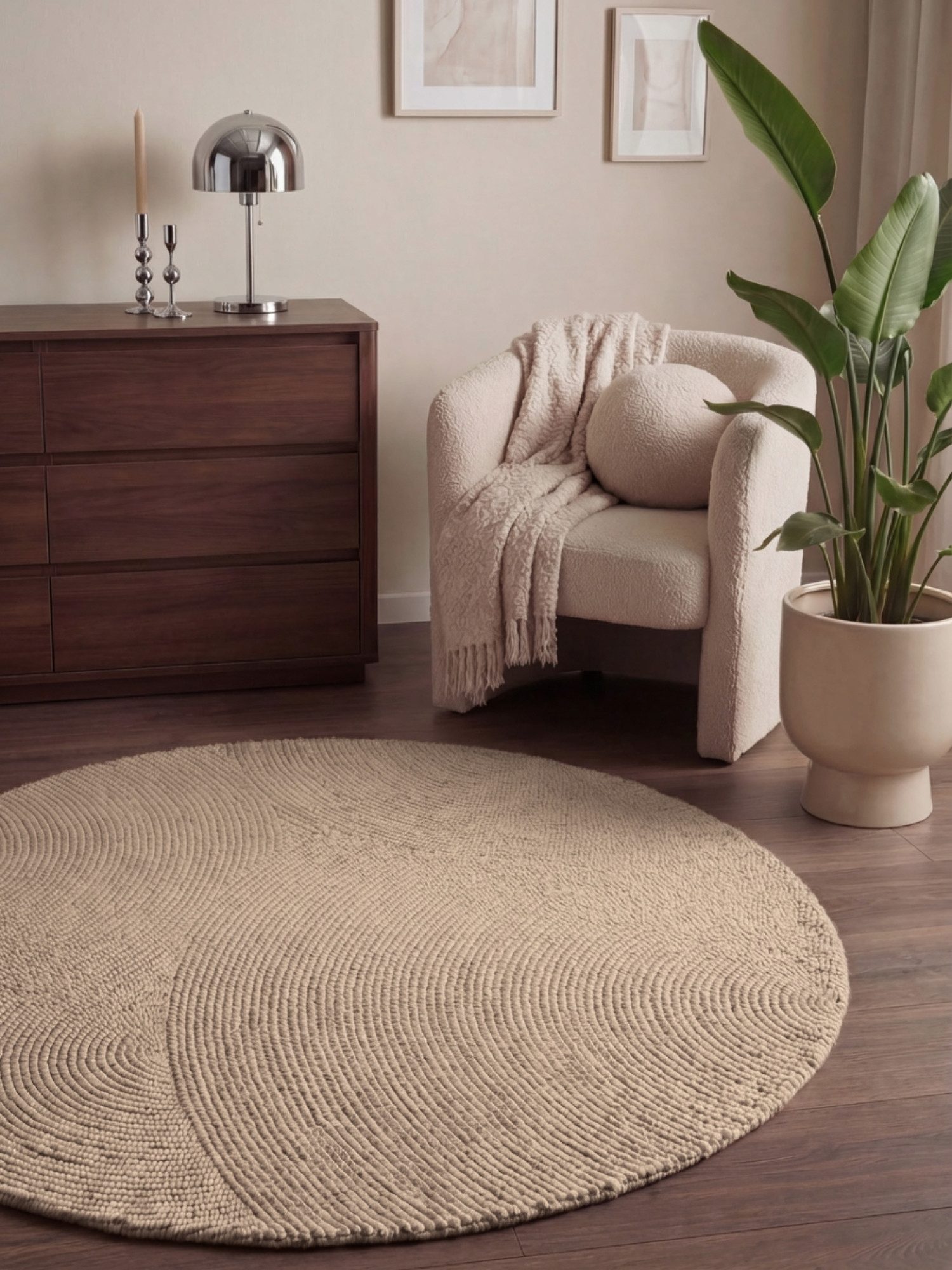 HANSE Home Wollteppich Calmio, auch als Läufer und in rund, rund, Höhe: 18 mm, Handgetuftet, Wolle, Natur, Wohnzimmer, Schlafzimmer, Skandi, Hygge