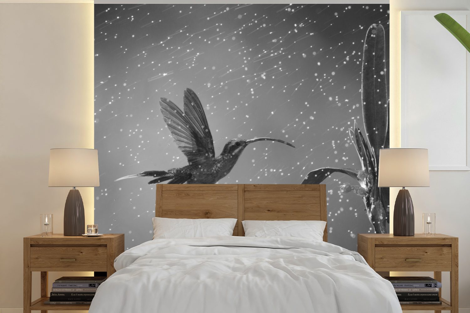 MuchoWow Fototapete Kolibri im Regen in der Natur von Costa Rica in schwarz und weiß, Matt, bedruckt, (5 St), Vinyl Tapete für Wohnzimmer oder Schlafzimmer, Wandtapete