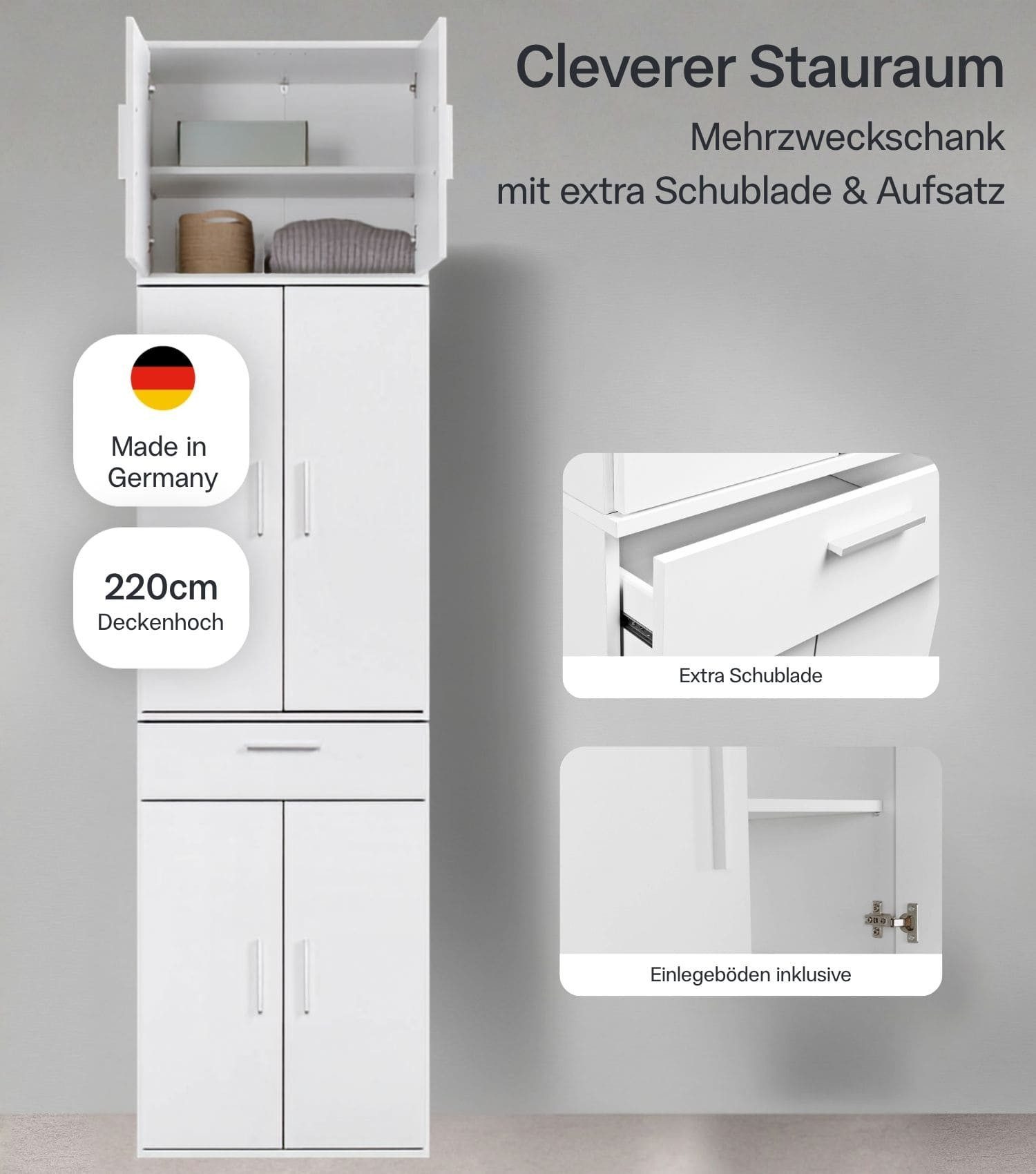 mokebo Mehrzweckschrank Der Extralange (60x230 cm) Made in Germany, Büroschrank, Aktenschrank, Flurschrank in Weiß – Bild 2 von 5