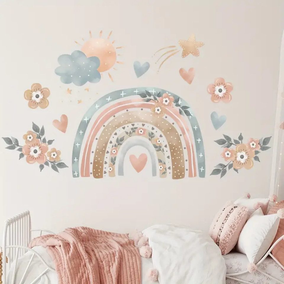 Montegoni Wandsticker Lebendige Regenbogen Herz und Blumen Wandtattoo, Abnehmbare PVC Aufkleber für Wohnzimmer und Sofahintergründe