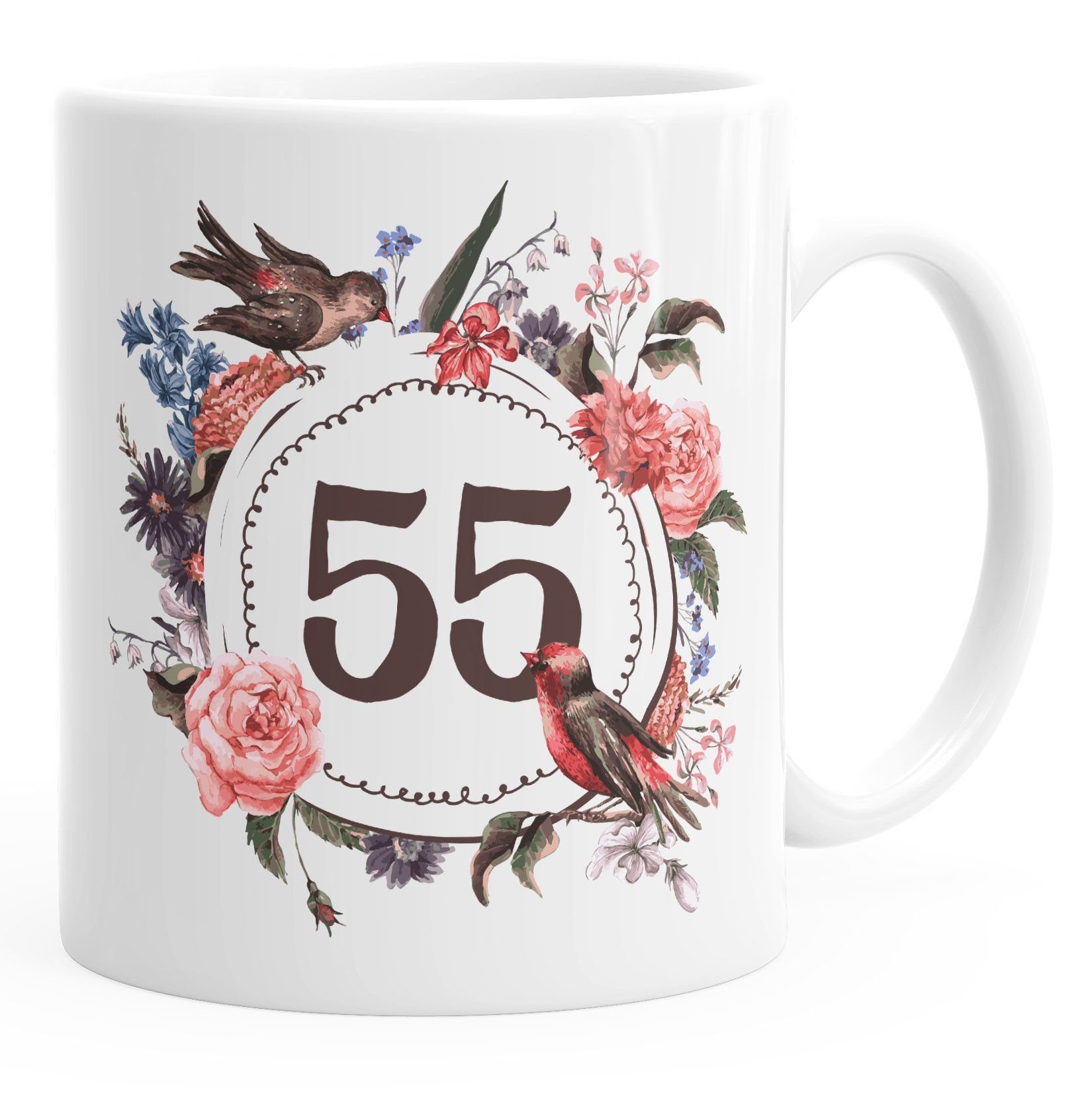 Blumenkranz MoonWorks®, Tasse Keramik Geburtstags-Tasse Object] 55 MoonWorks Kaffee-Tasse [object weiß Blüten Object]_ausgeschrieben} Blumen Geschenk-Tasse {[object