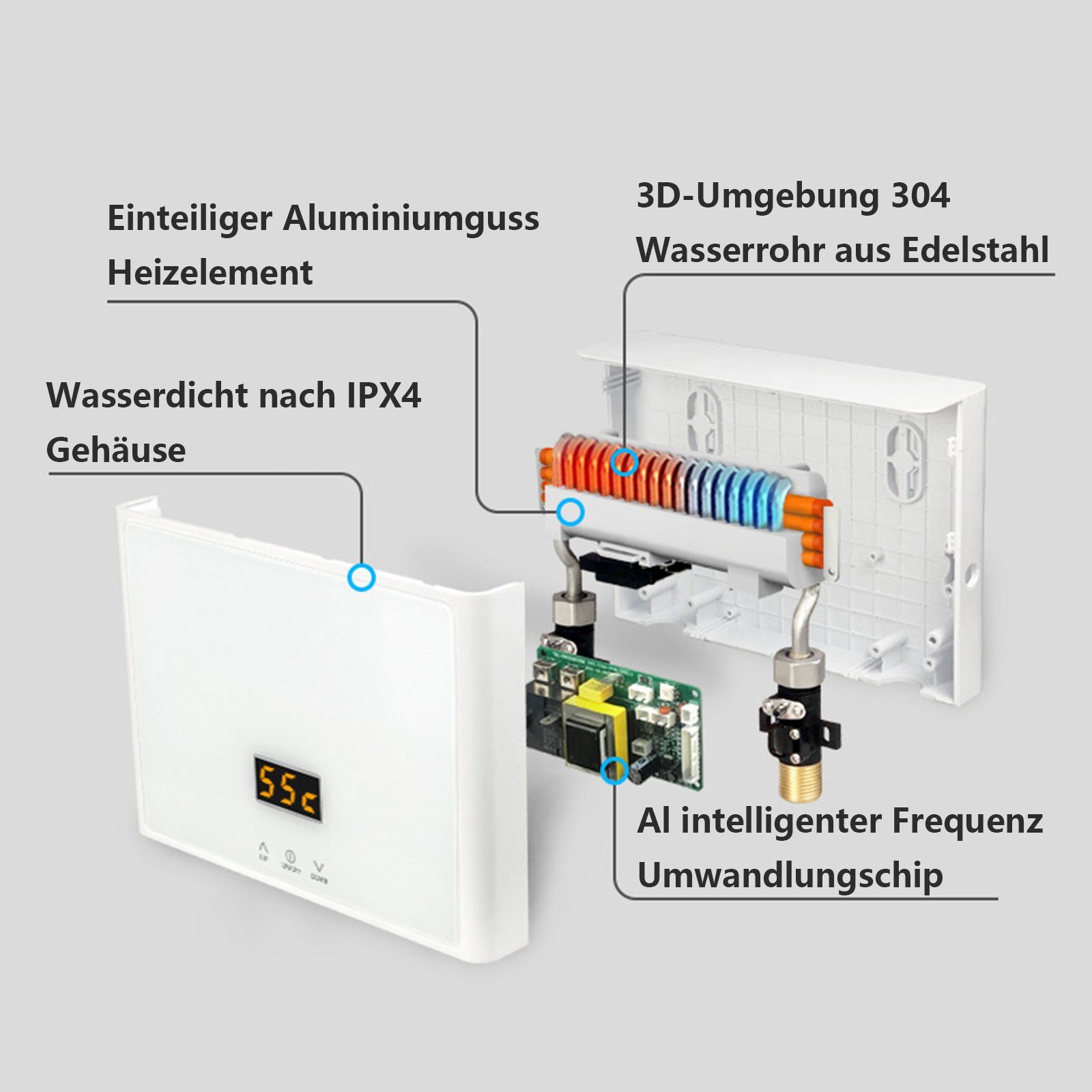 Strom Panel, Durchlauferhitzer Digitalanzeige LED Tankless TWSOUL Durchlauferhitzer Mini 28-55 mit Temperaturauswahl ℃, spart Schwarz