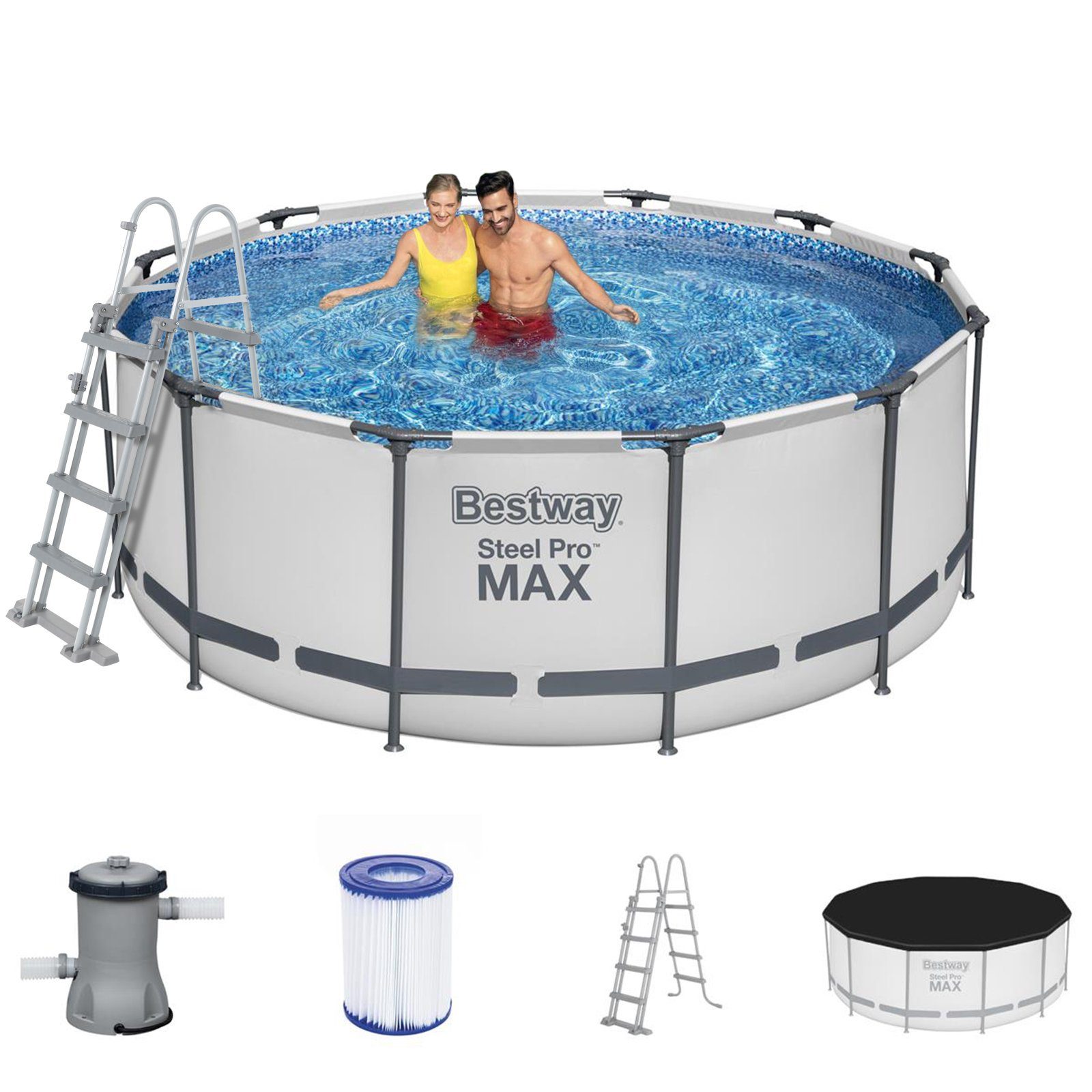 BESTWAY Pool Pool Max Cover Rund 366x122cm Leiter 56420 Pro Steel + Filterpumpe