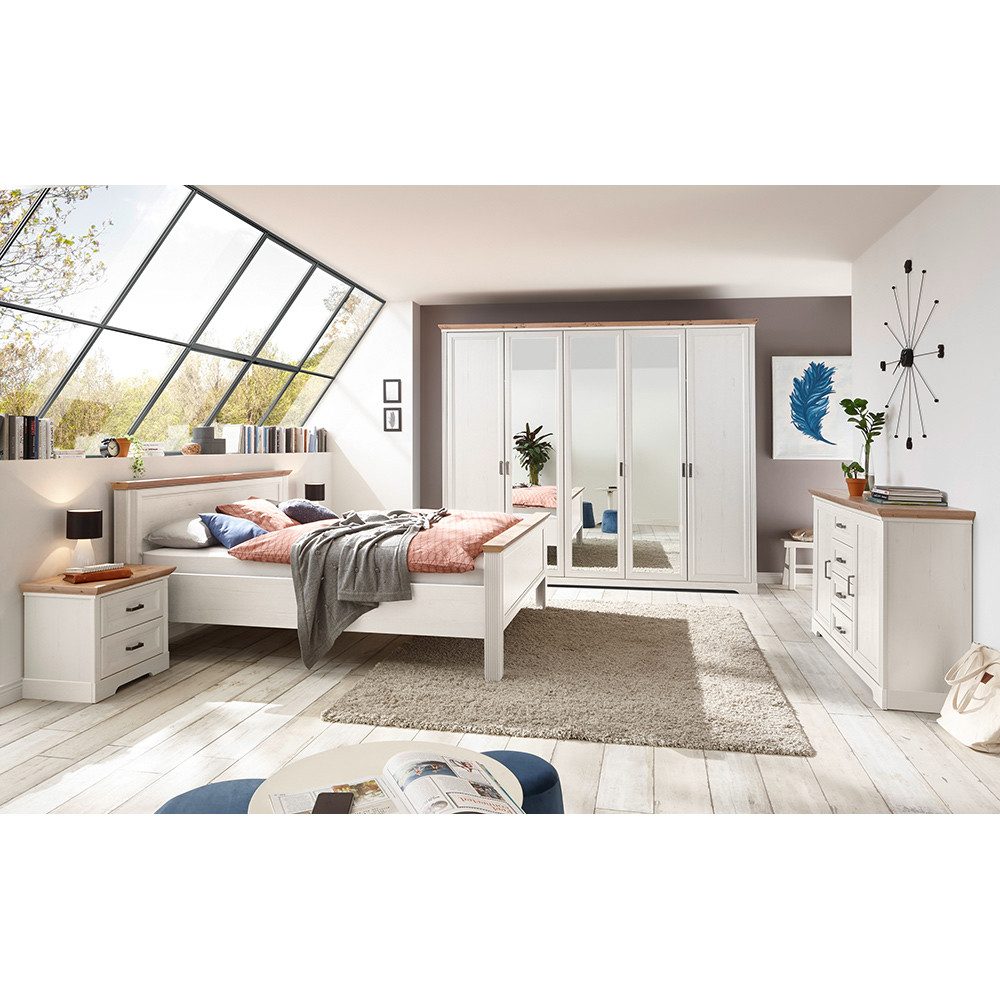 Lomadox Schlafzimmer-Set JÜLICH-77, (Spar-Set, 5-tlg), Bett 180x200cm, Kleiderschrank 5-türig, Pinie weiß mit Eiche