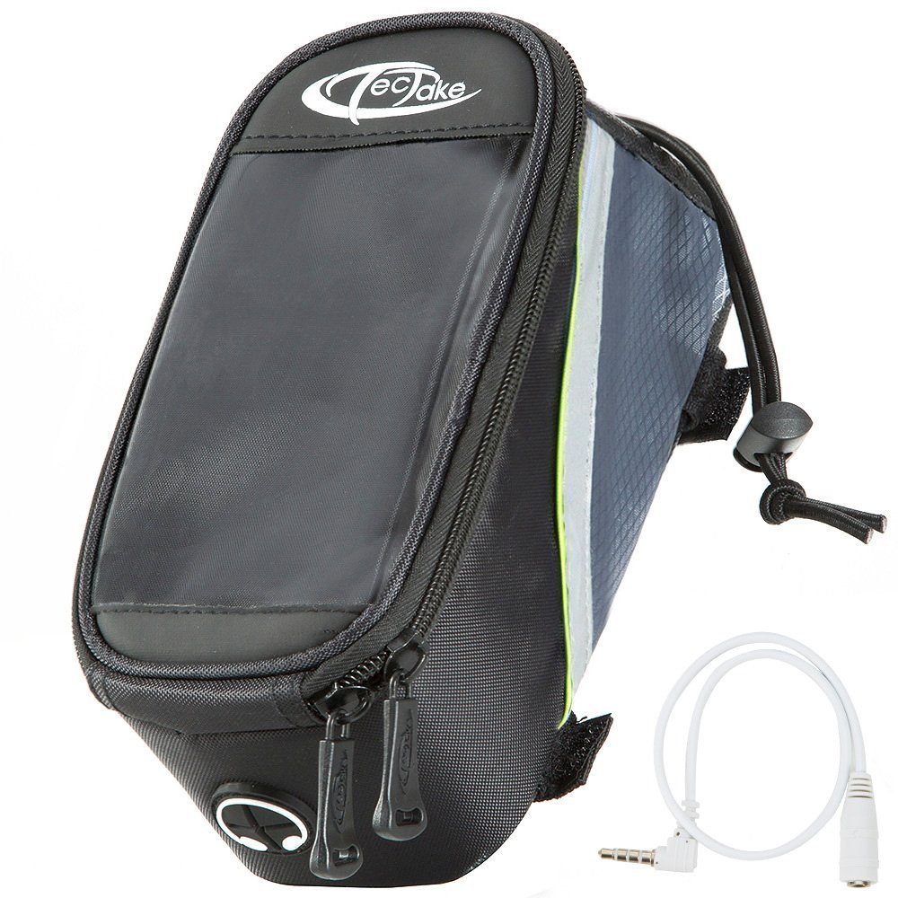 tectake Fahrradtasche Fahrradhandytasche, Zusätzliche Spannseil-Sicherung, (Gepäckträgertasche, in schwarz/grau/grün), Wasserabweisend, Handyfach mit Sichtfenster, Audio-Verlängerungskabel