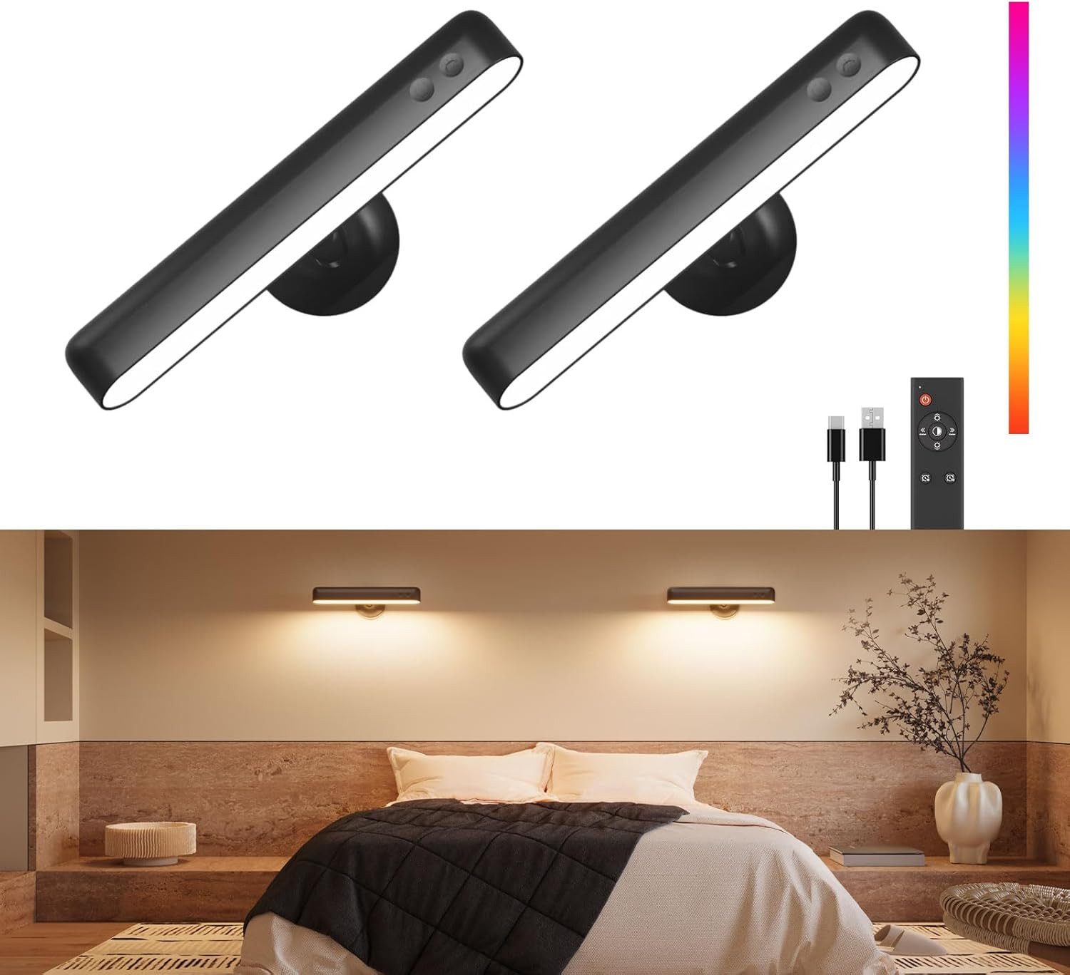 KagoLing LED Wandleuchte Akku Wandleuchten 7500 mAh, LED, 360° drehbar, dimmbar, 2er-Set, LED fest integriert, Neutralweiß, Kaltweiß, Warmweiß, RGB, 360° drehbar; dimmbar; RGB; Touch; Fernbedienung