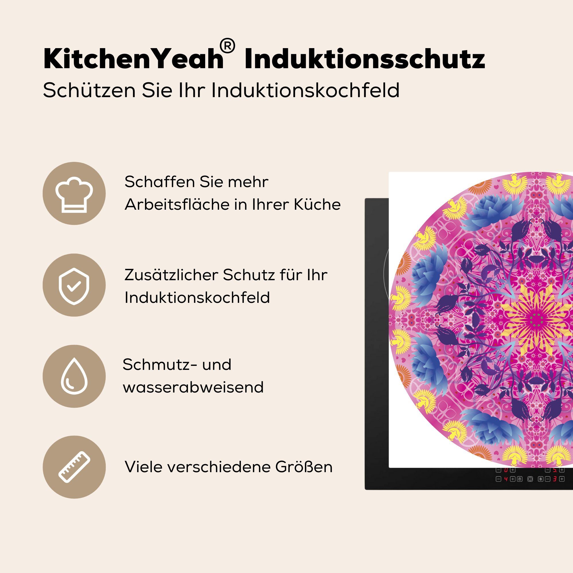 Mandala bunt, Ceranfeldabdeckung, Vinyl, Arbeitsplatte Herdblende-/Abdeckplatte MuchoWow 78x78 (1 cm, küche für tlg),