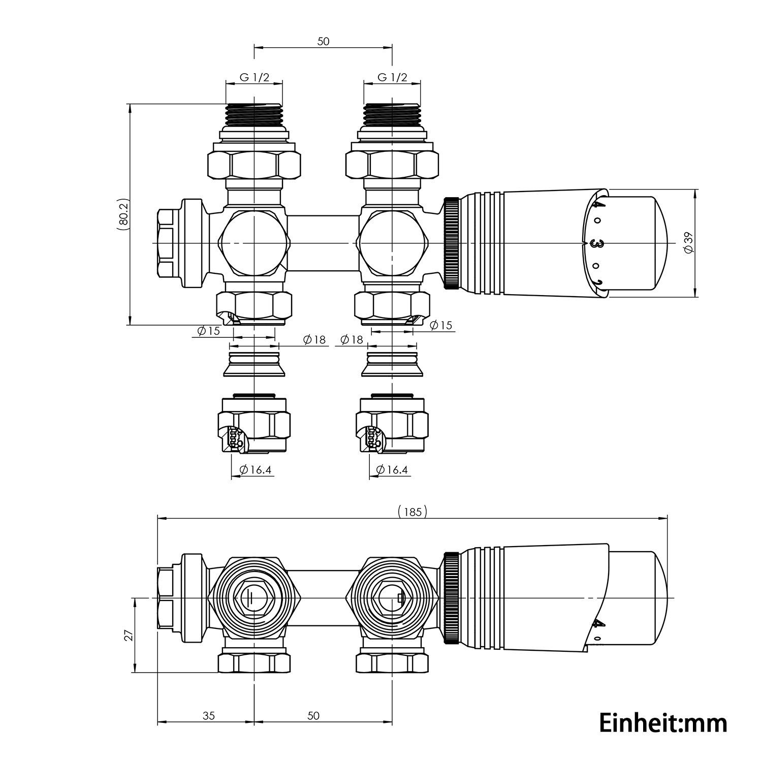 Multiblock Heizkörper 50mm Set mit Anschlussarmatur Eck- Thermostatkopf, für G 1/2", G und 1/2" ELEGANT Durchgangsform 50mm mit Thermostatkopf, Chrom Heizkörperthermostat