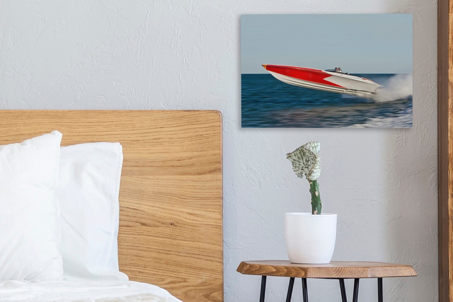 Meer, cm St), 30x20 über (1 das Aufhängefertig, Leinwandbild Schnellboot gleitet Wandbild Wanddeko, OneMillionCanvasses® Leinwandbilder,