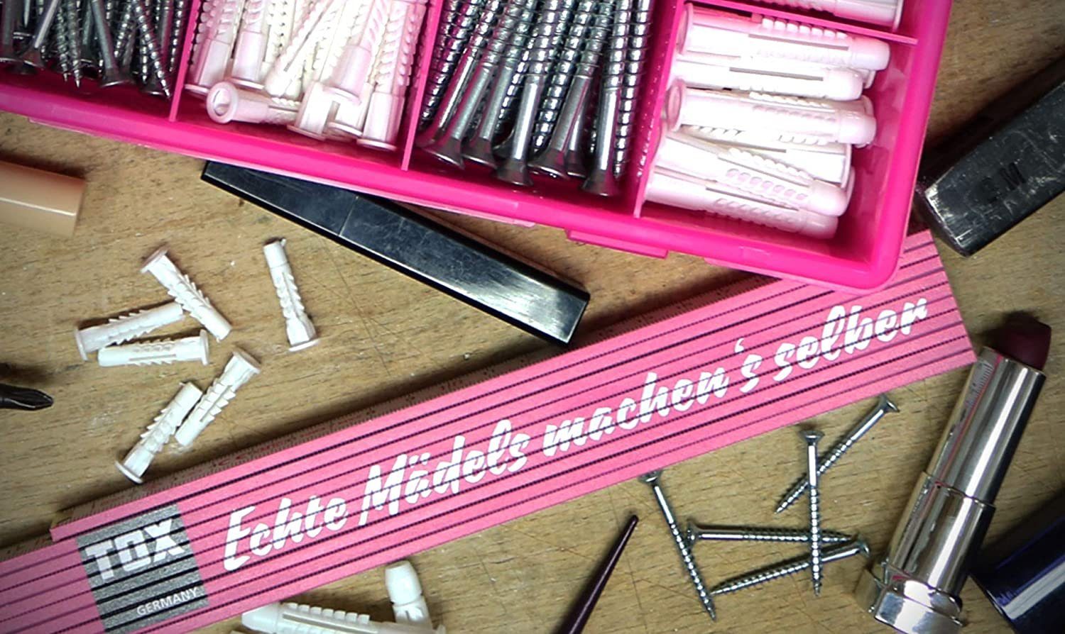 Beschriftung, Zollstock Meterstab meter, mit TOX-DÜBEL-TECHNIK cooler farbenfroh Farben und verschiedenen 2 verschiedenen (pink/weiß) in machen's mit Mädels Echte selbst" Sprüchen