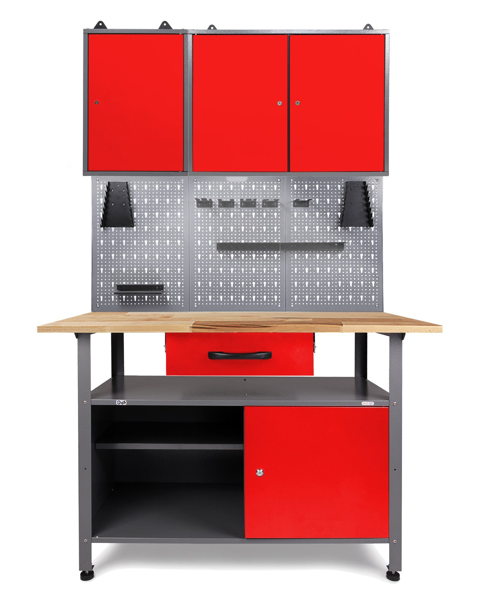 ONDIS24 Werkstatt-Set Werkstatt-Set, 120 cm, mit LED, Werkstattschrank, Lochwand, Hakensortiment, Arbeitshöhe 85 cm anthrazit-rot