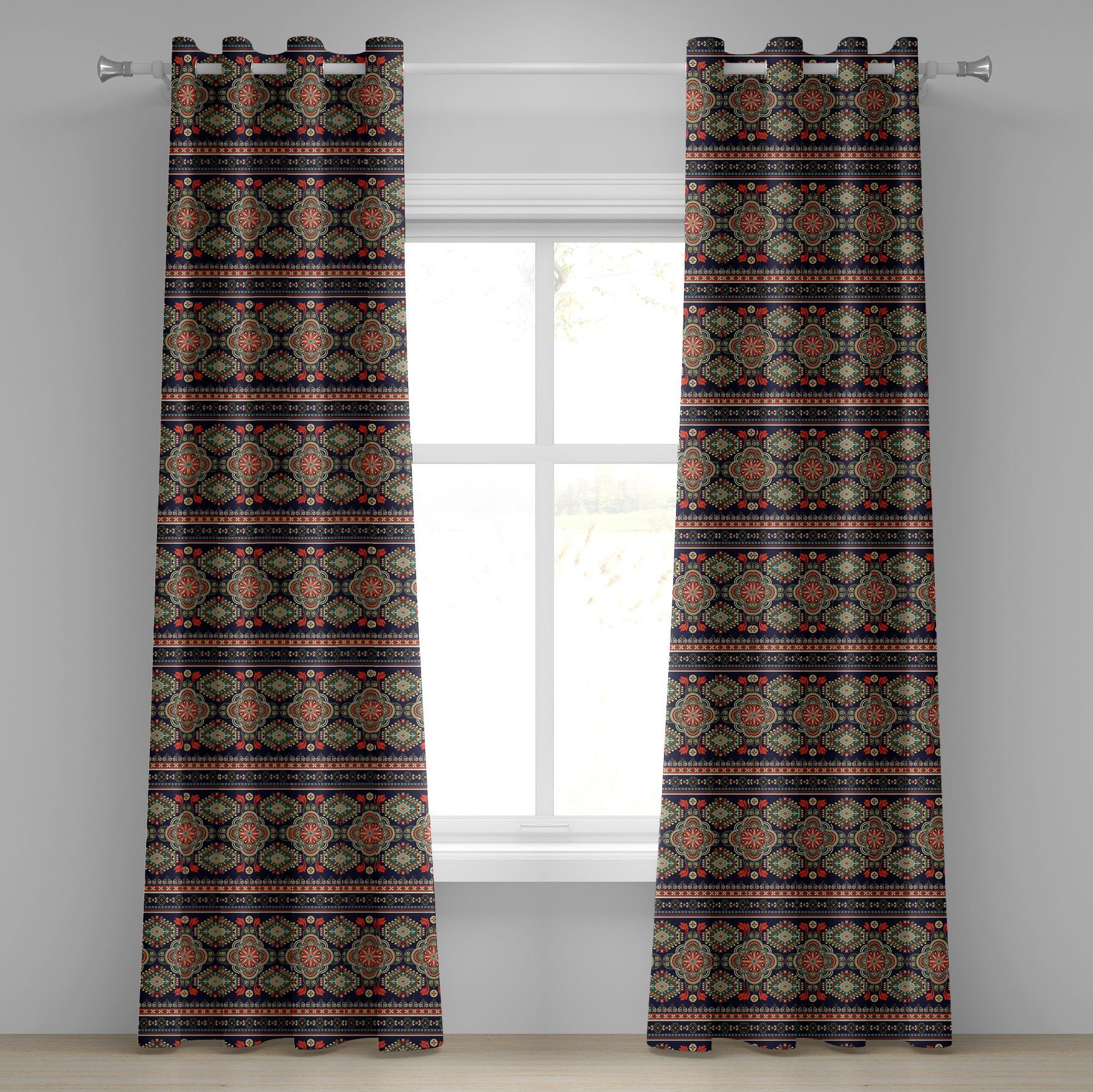 Gardine Dekorative 2-Panel-Fenstervorhänge für Schlafzimmer Wohnzimmer, Abakuhaus, Ethnisch Floral Geometrische Formen
