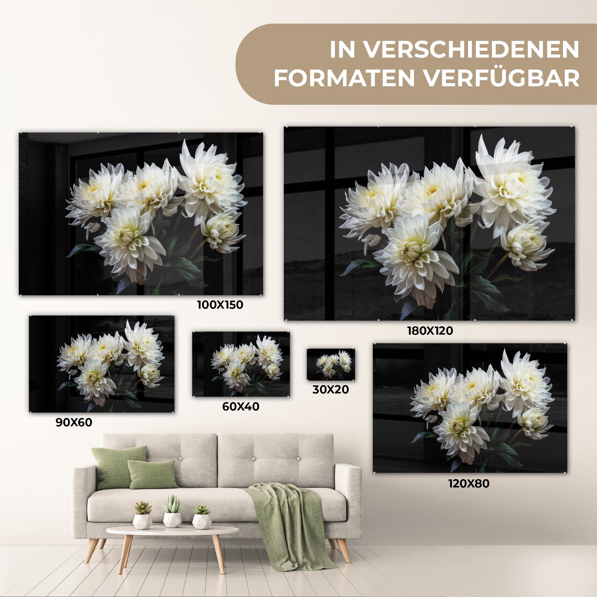 Blumen Botanisch, MuchoWow Wanddekoration Natur - Foto Glas Bilder Chrysantheme - - (1 Acrylglasbild St), Weiß auf - - Wandbild Glas Glasbilder - auf -