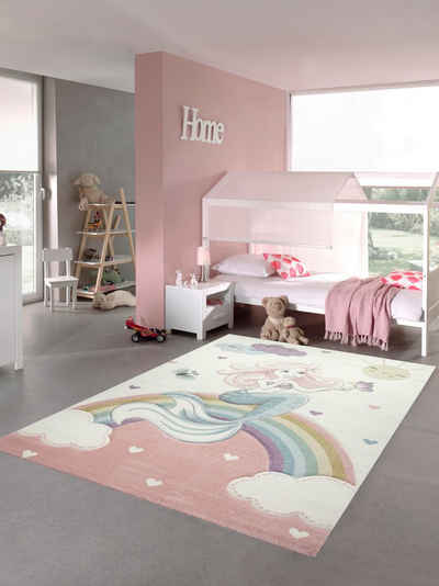 Kinderteppich Kinderteppich Meerjungfrau Kinderzimmer Teppich Prinzessin pastell, Teppich-Traum, rechteckig, Höhe: 13 mm