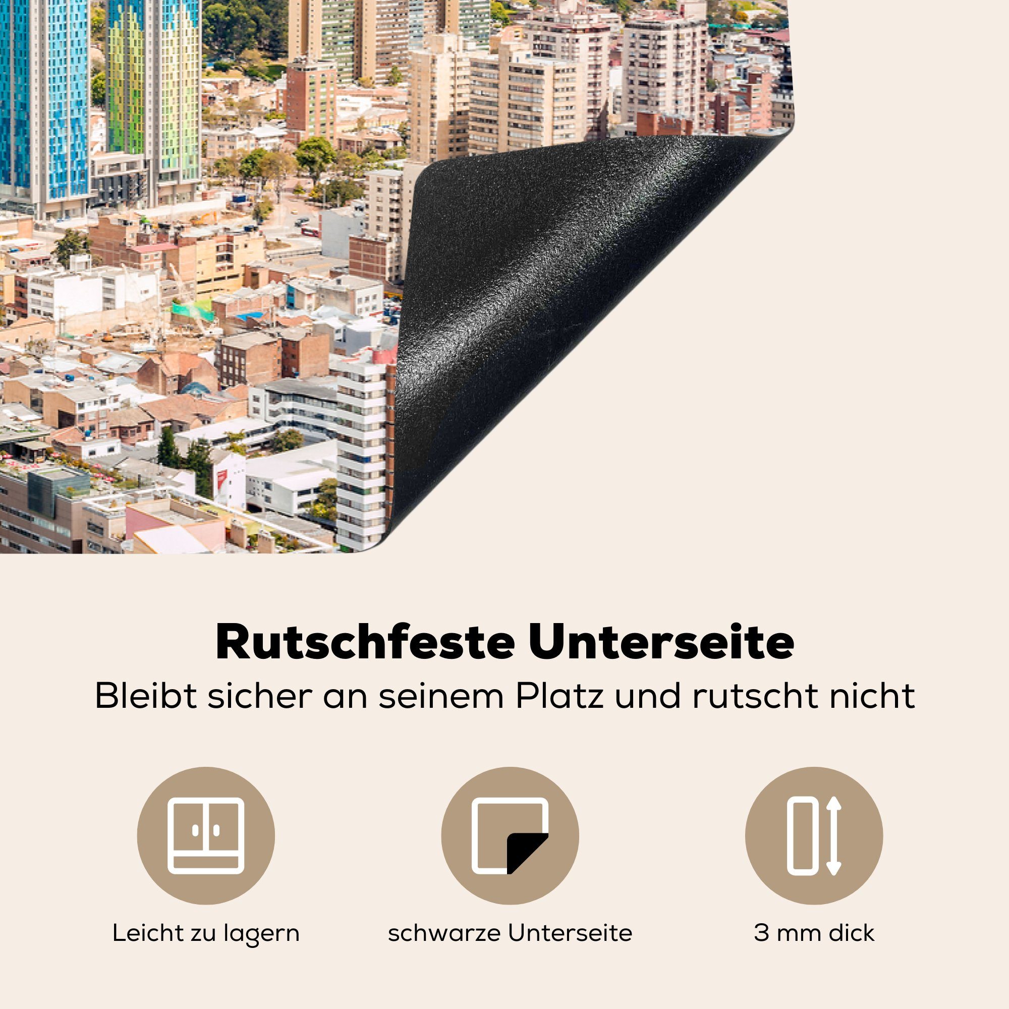 der die Die Sonne cm, (1 kolumbianischen tlg), 81x52 küche, MuchoWow scheint für Induktionskochfeld Berge Hauptstadt, Ceranfeldabdeckung die hinter Herdblende-/Abdeckplatte Schutz auf Vinyl,