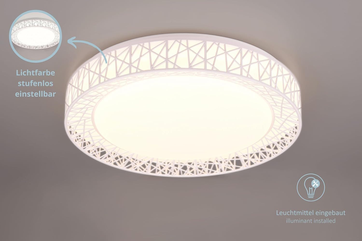 lightling LED Deckenleuchte Claus, LED fest integriert, Tageslichtweiß, Dimmer, Lichtfarbe einstellbar, Memory Funktion, SWITCH-Dimmer, weiß