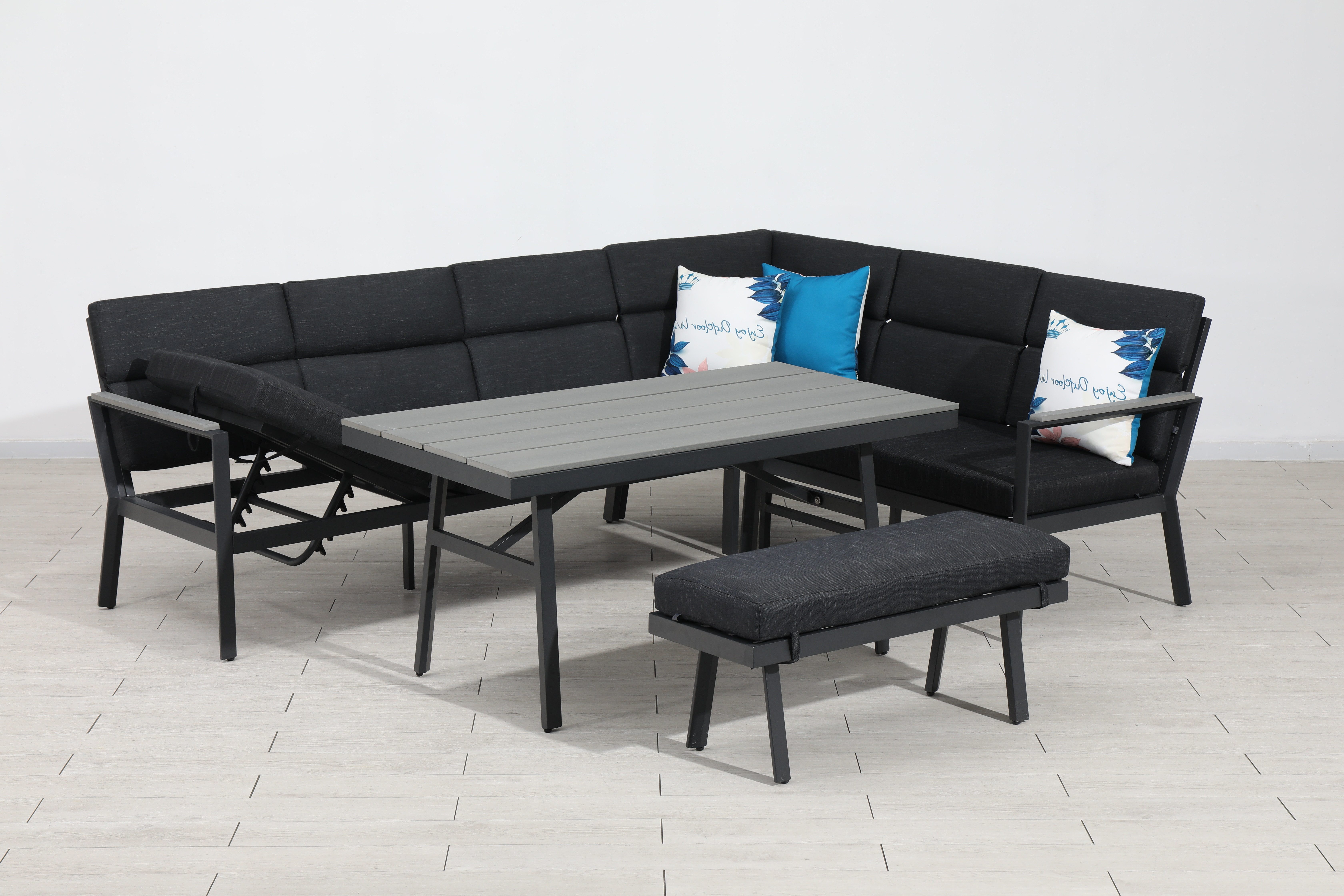 Gardissimo Gartenlounge-Set Nara rechts / Gartenmöbelset / Nonwood / Dining Lounge Alu, (Set, 3-tlg., Alu, Ecklounge, Esstisch, Bank, inkl. Auflagen), grau, Liegefunktion