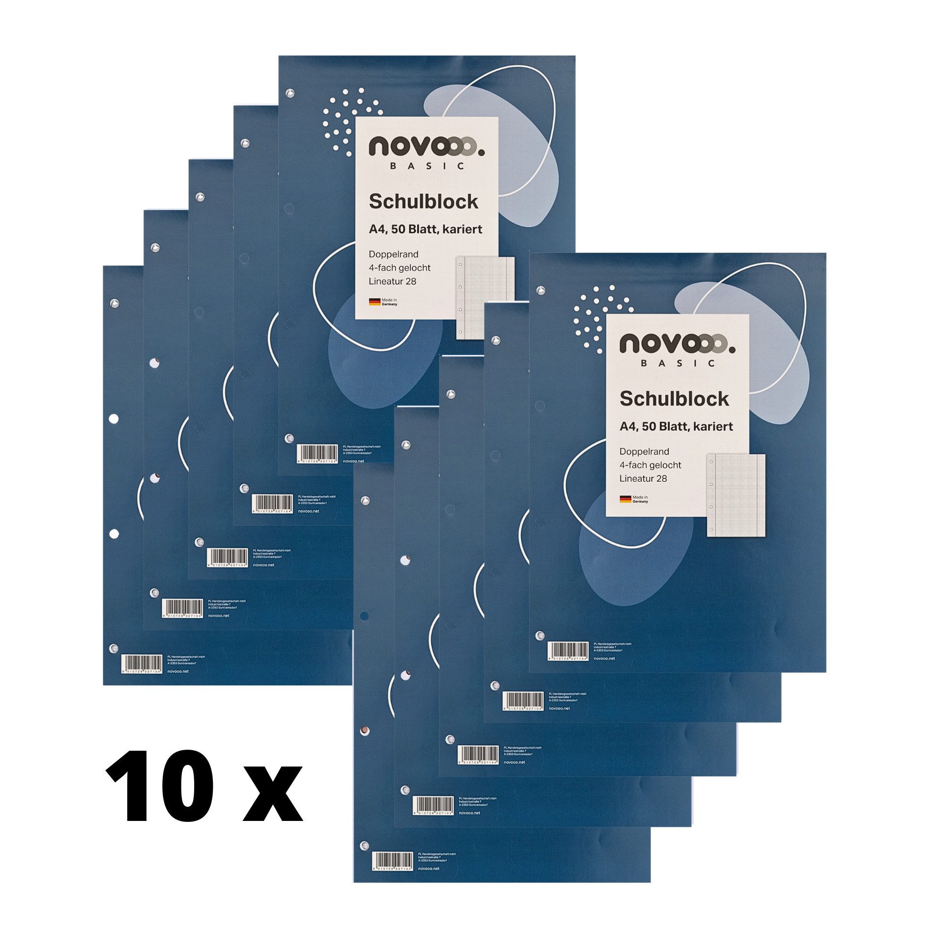 NOVOOO Notizblock 10 x Schreibblock A4 KARIERT Notizblock College Block 70g/qm, 50 Blatt, Made in Germany, PREMIUM