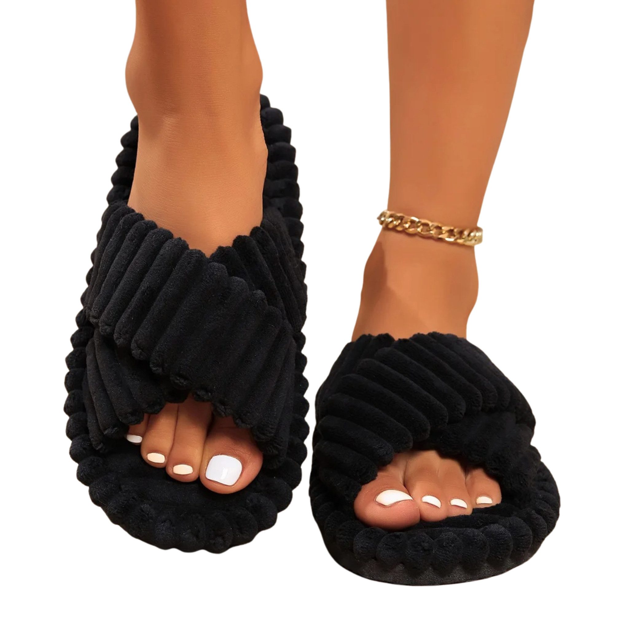 NEXORA Damen Hausschuhe flauschig – Kuschelige Pantoffeln mit Kreuzriemen Plüsch Hausschuhe (Paar, Paar) kuschelige Plüsch-Hausschuhe mit rutschhemmender Sohle