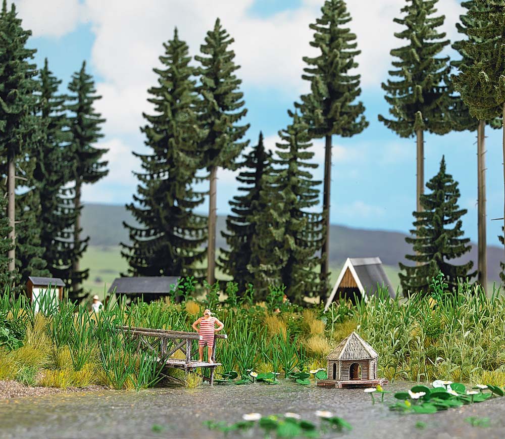 Busch Modelleisenbahn-Baustelle Busch H0 1267 Waldteich-Set mit Planzen Steg Entenhaus Kleintiere 1:87