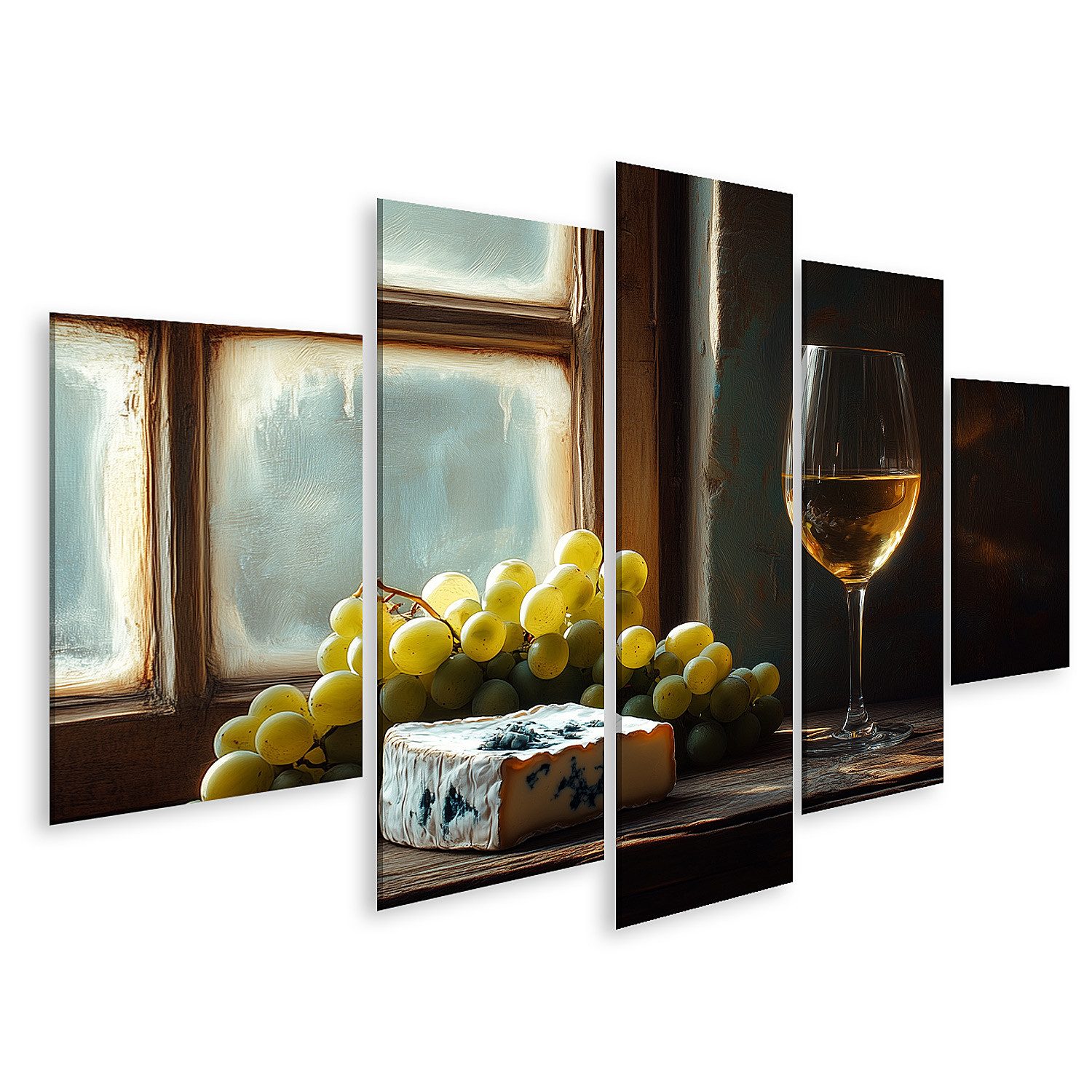 Leinwandbild Weinglas und Käse am Fensterlicht