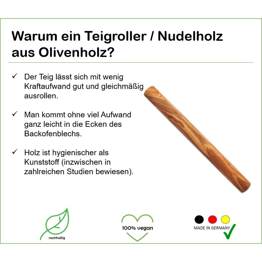 Olivenholz-erleben Teigroller DESIGN aus Olivenholz, Ø 3 cm, 25 cm lang Olivenholz, (1-tlg), Ein hochwertiger Alltagsbegleiter – praktisch, schön, immer ein Uni – Bild 4 von 5