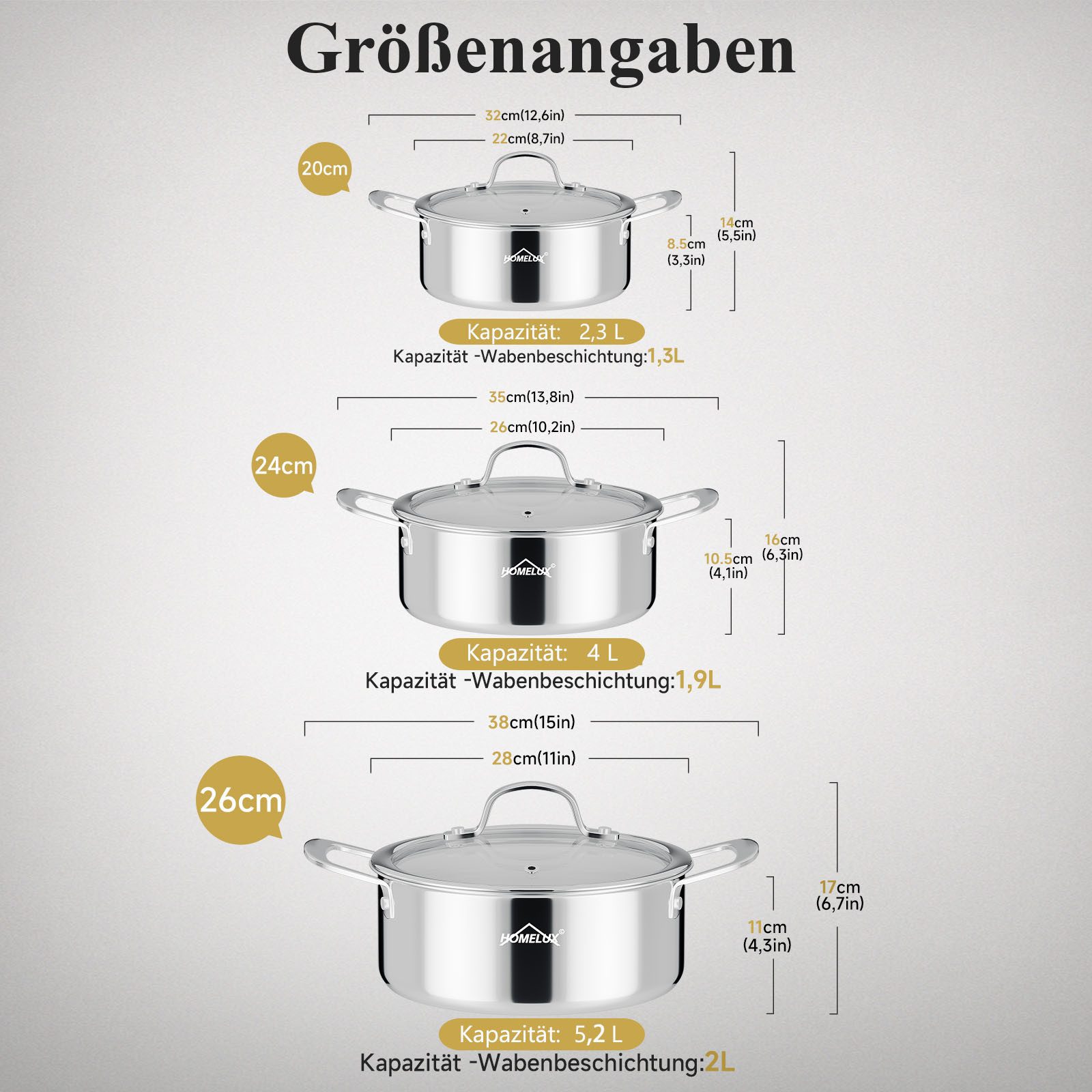 HOMELUX Suppentopf Edelstahl Kochtopf,Wabenstruktur Suppentopf Induktion,Backofengeeignet, Edelstahl (1x20cm 2,3L Kochtopf,1x24cm 4L Kochtopf,1x26cm 5,2L Kochtopf), Induktion