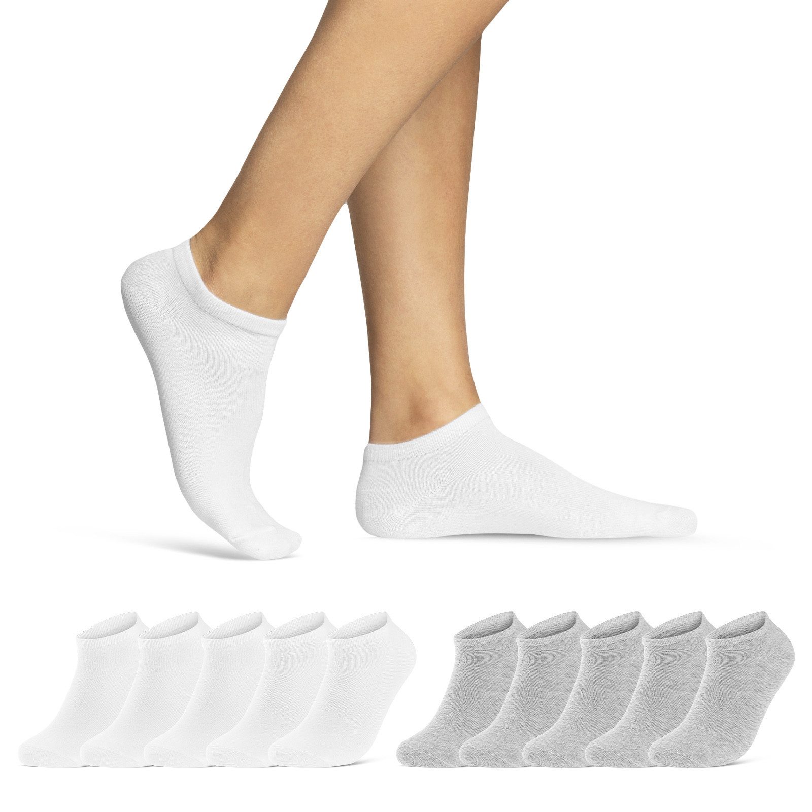 sockenkauf24 Sneakersocken 10, 20, 30 Paar Sneaker Socken Damen & Herren Schwarz Weiß Grau (5xGrau, 5xWeiß, 10-Paar, 43-46) Baumwolle - 16900 WP