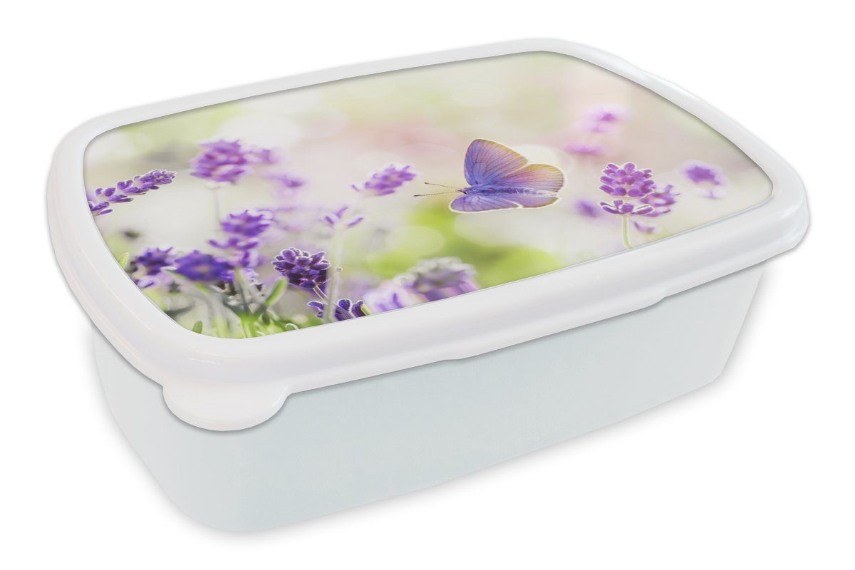 MuchoWow Lunchbox Lavendel - Schmetterling - Blumen, Kunststoff, (2-tlg), Brotbox für Kinder und Erwachsene, Brotdose, für Jungs und Mädchen weiß