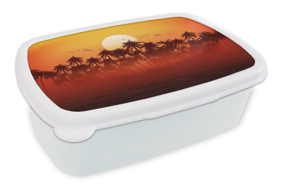 MuchoWow Lunchbox Palme - Sonne - Vogel, Kunststoff, (2-tlg), Brotbox für Kinder und Erwachsene, Brotdose, für Jungs und Mädchen weiß
