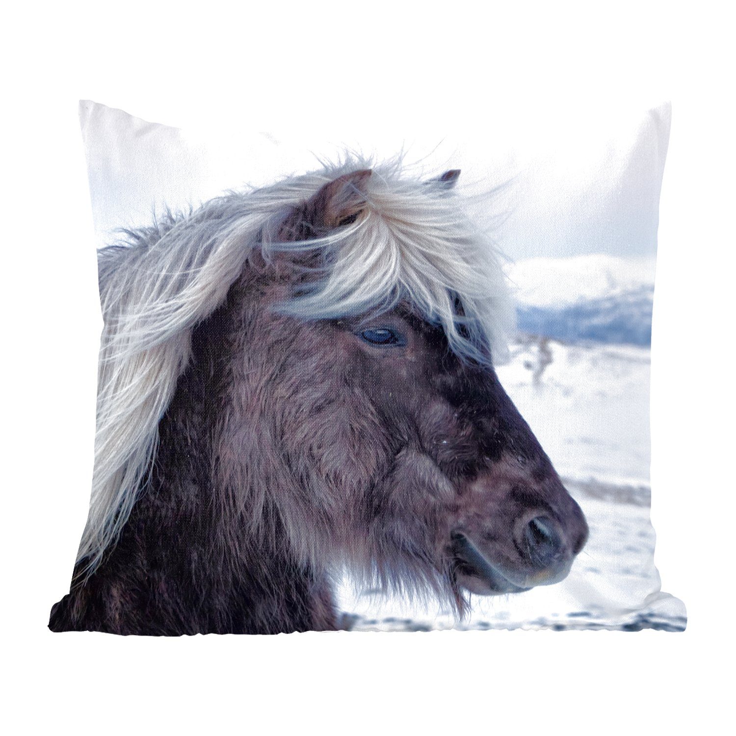 MuchoWow Dekokissen Pferd - Schnee - Island, Zierkissen mit Füllung für Wohzimmer, Schlafzimmer, Deko, Sofakissen