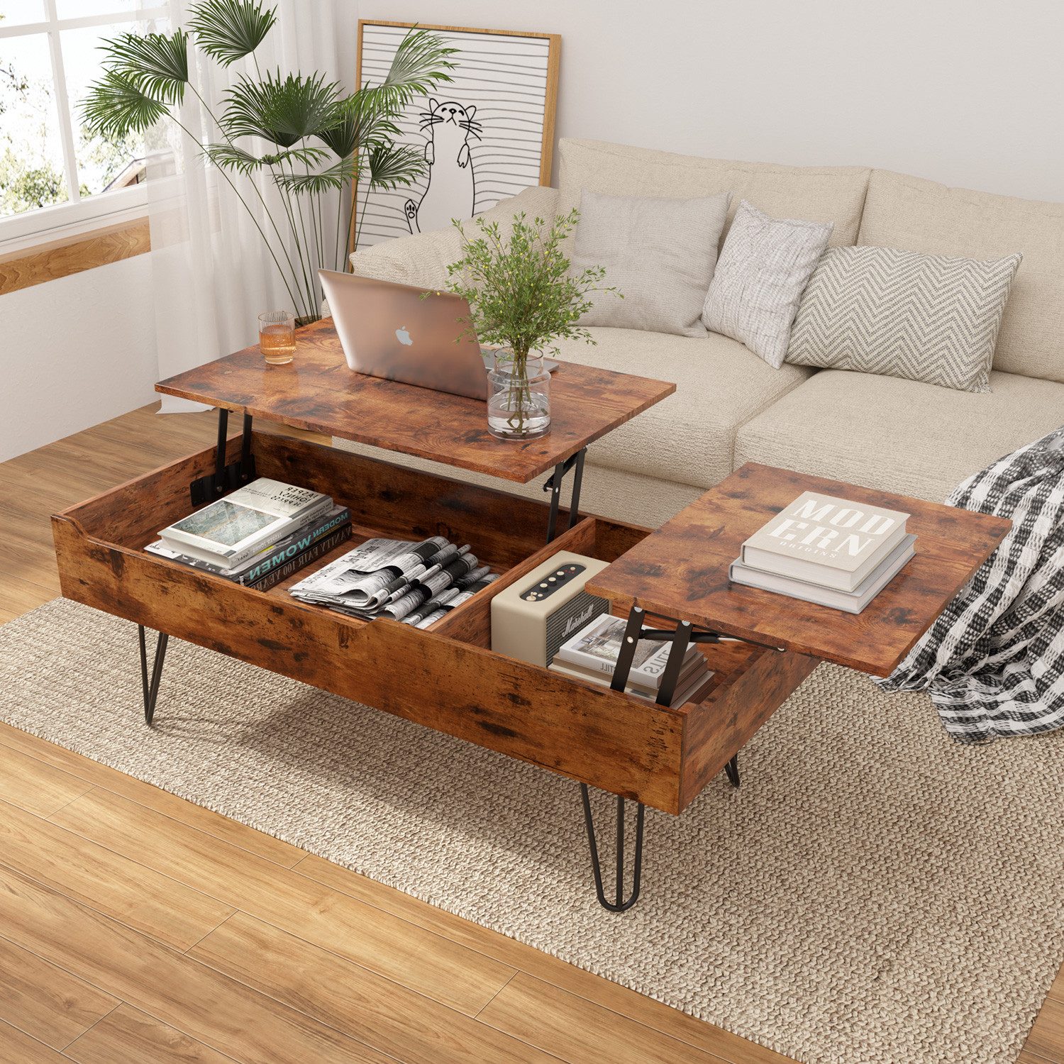 Gunuss Couchtisch höhenverstellbarer Wohnzimmertisch 120 *50*56cm Ablagefach Sofatisch (Kaffeetisch Ausziehbare Tischplatte,  Auszug), Beistelltisch mit Doppelte Hubplatte