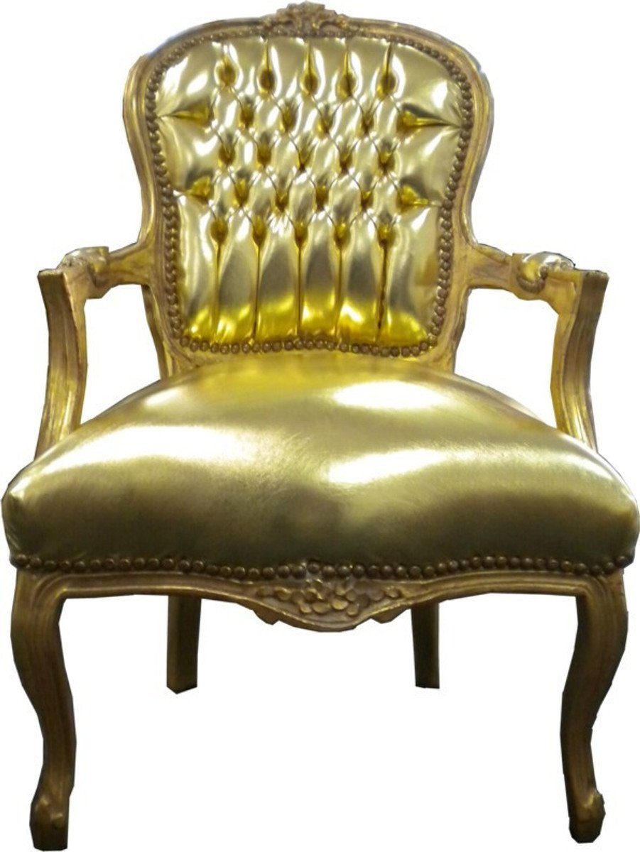 Casa Padrino Besucherstuhl Barock Salon Stuhl Gold / Gold Lederoptik