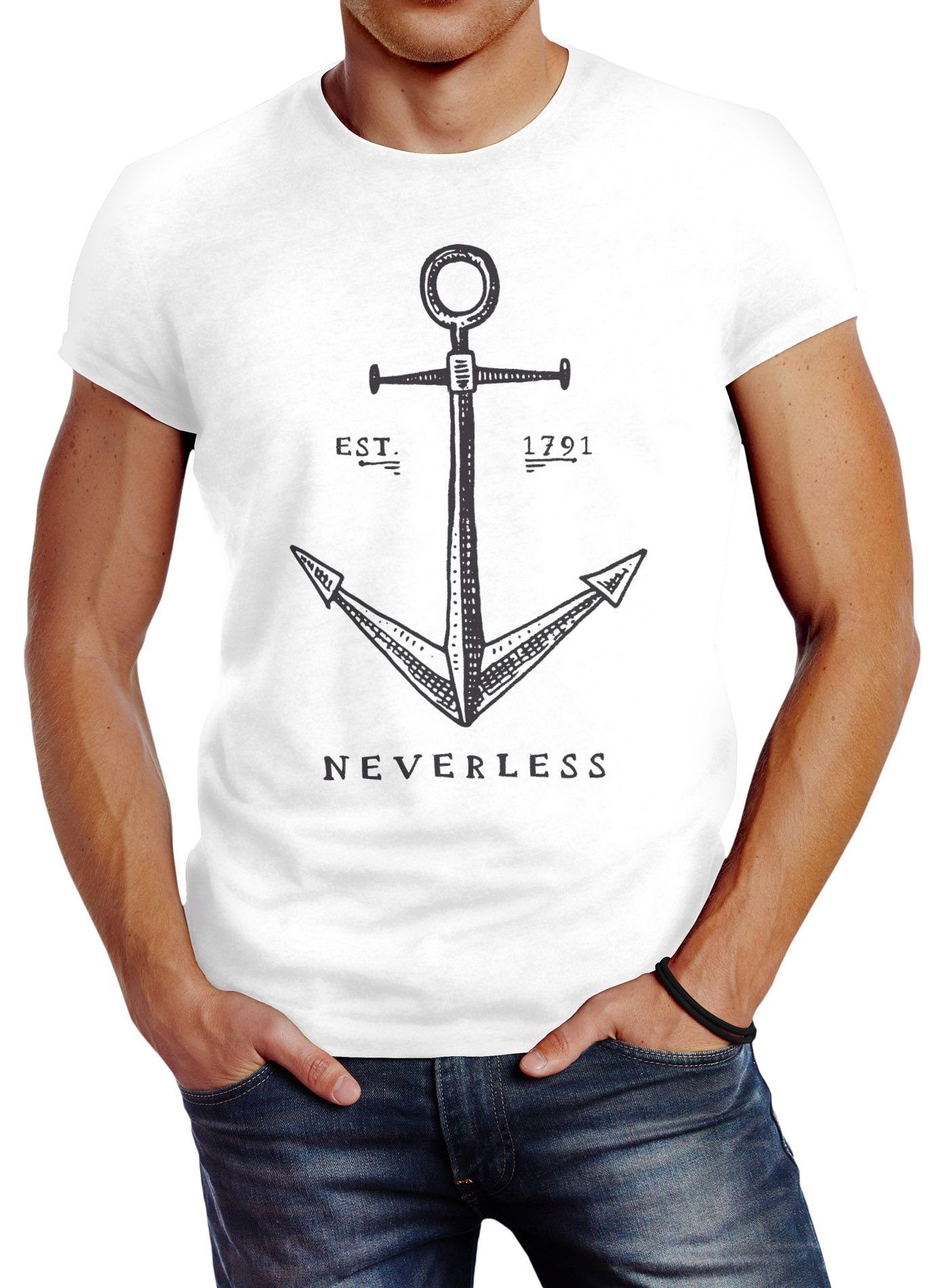 Fit mit Herren Neverless Neverless® Slim Print-Shirt Anker Print T-Shirt