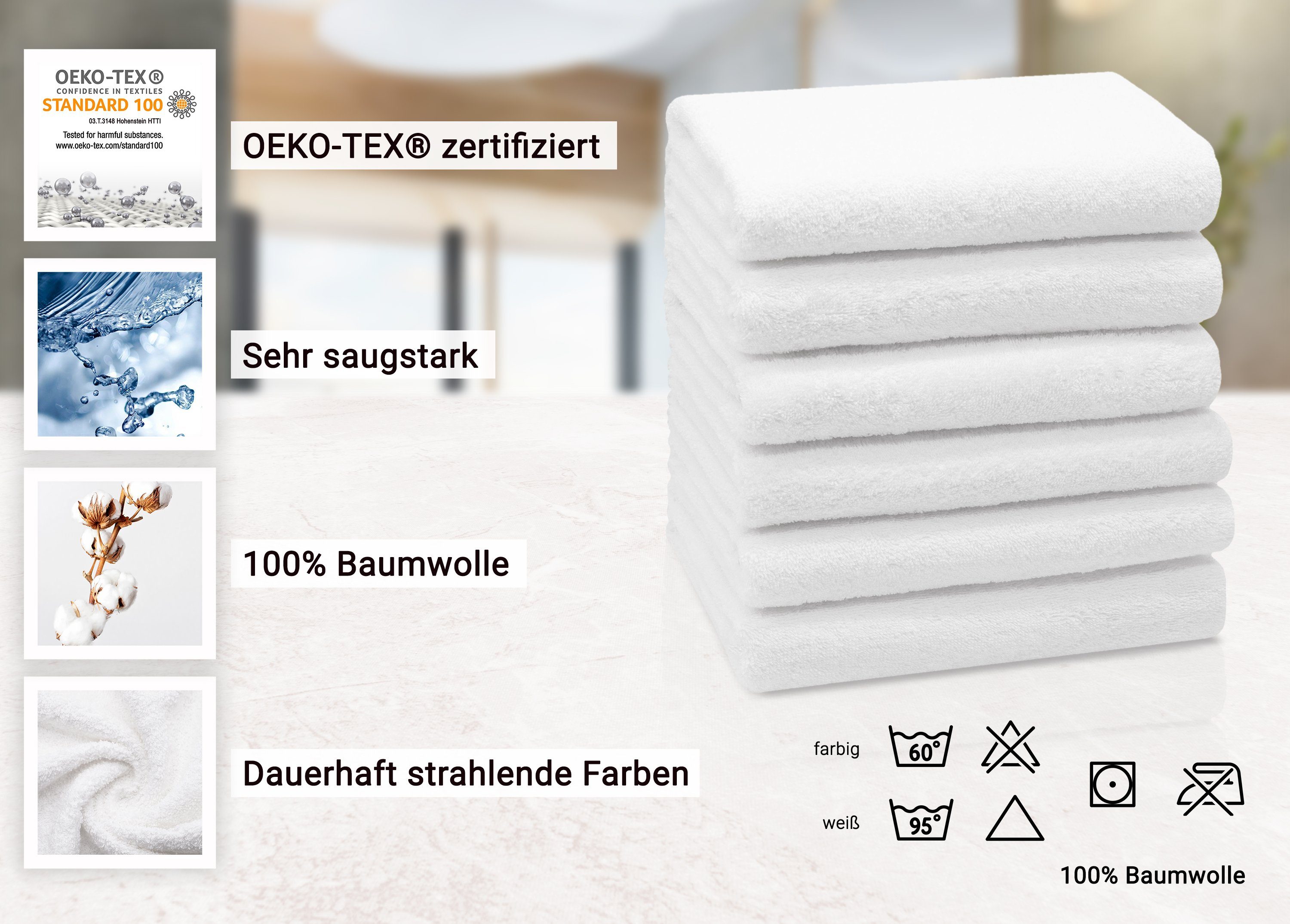 100 ZOLLNER cm, Hotelwäschespezialisten Handtücher, (6-St), 50 vom 100% Walkfrottier weiß Baumwolle, x