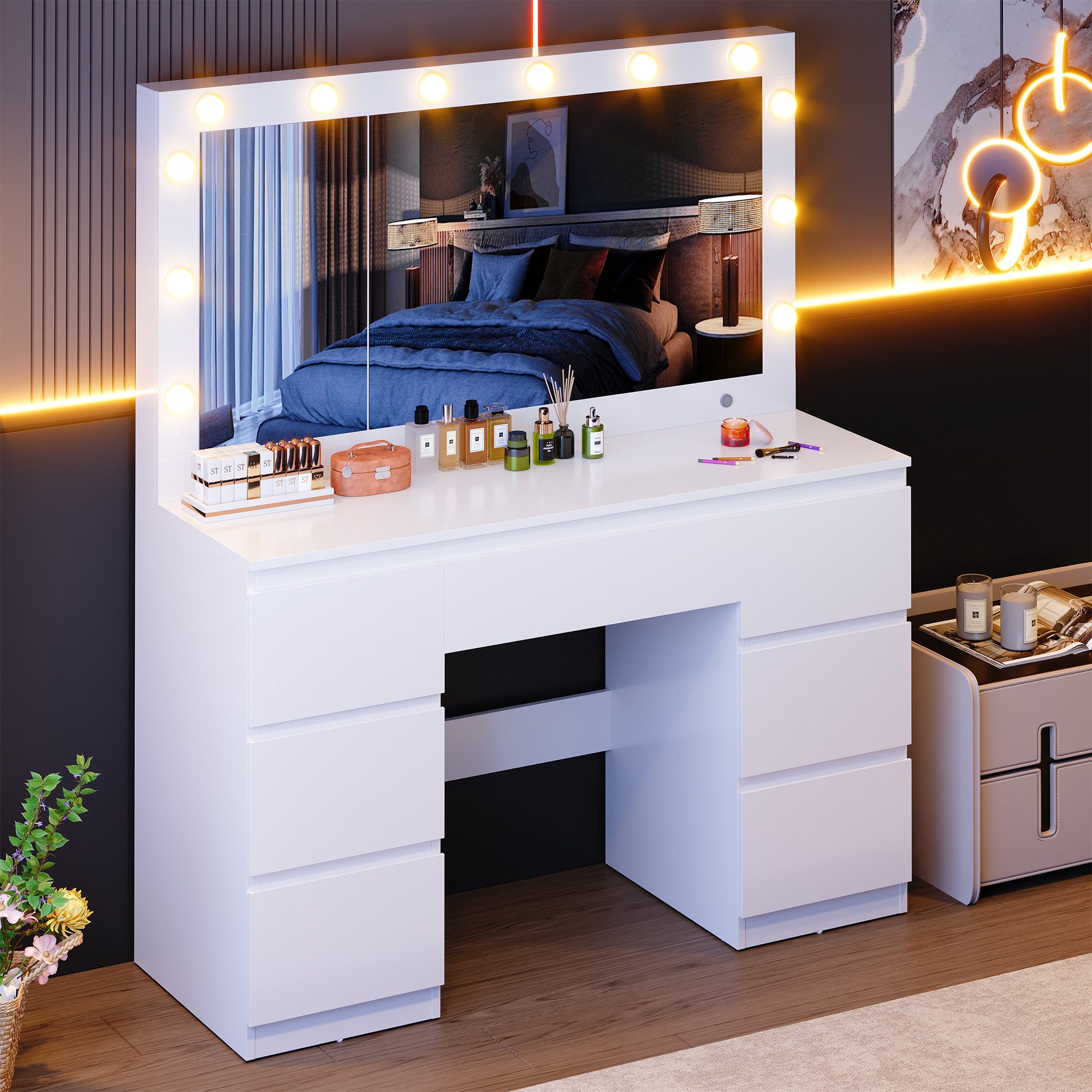 Furnicopia Schminktisch Großer verspiegelter Schminktisch mit sieben Schubladen (Abmessungen: 120 × 40 × 140 cm, 2 Steckdosen, 1 USB-Anschluss, 1 Typ-C-Anschluss. Spiegeldurchmesser: 106 cm. Inklusive Schmuckschrank mit speziellen Fächern für Halsketten, Ringe und Ohrringe-ostern geschenke)