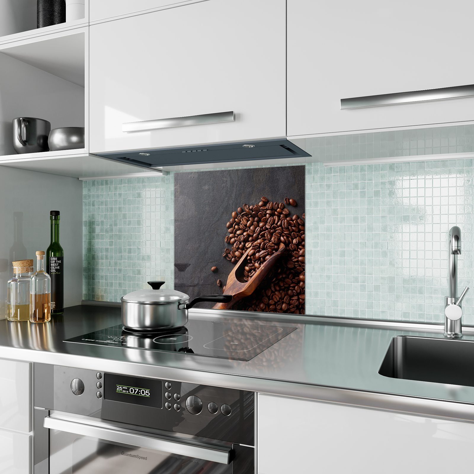 Primedeco Küchenrückwand Küchenrückwand Spritzschutz Glas Kaffeebohnen auf Holz Motiv mit