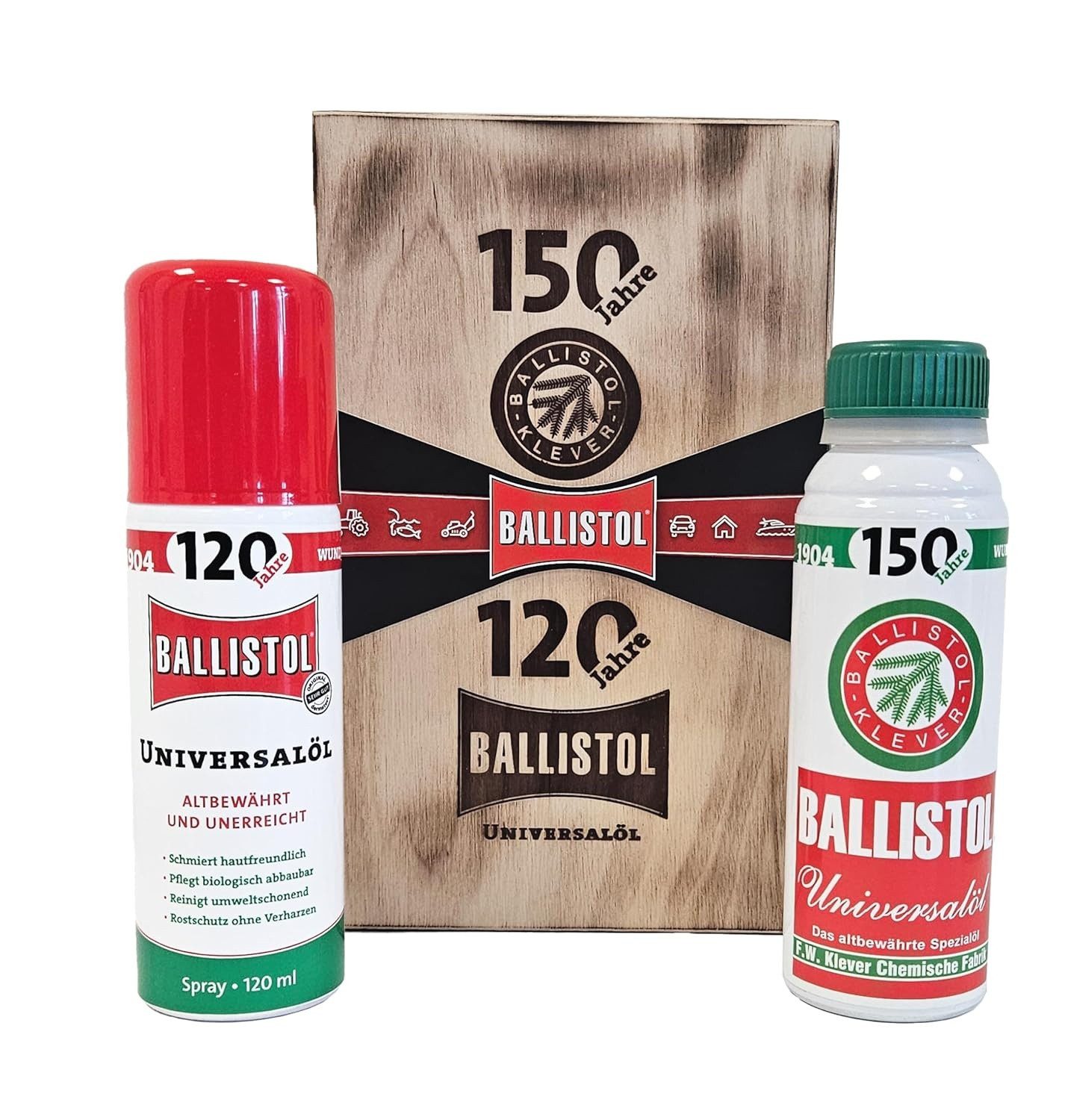 Ballistol Universalöl BALLISTOL Jubiläumsholzbox Universalöl 150 ml + 120 ml Spray, (Geschenkebox, mit 150 ml Universalöl, 120 ml Spray, Pflegetuch), Limitierte Holzbox mit Universalöl, Spray und Zubehör
