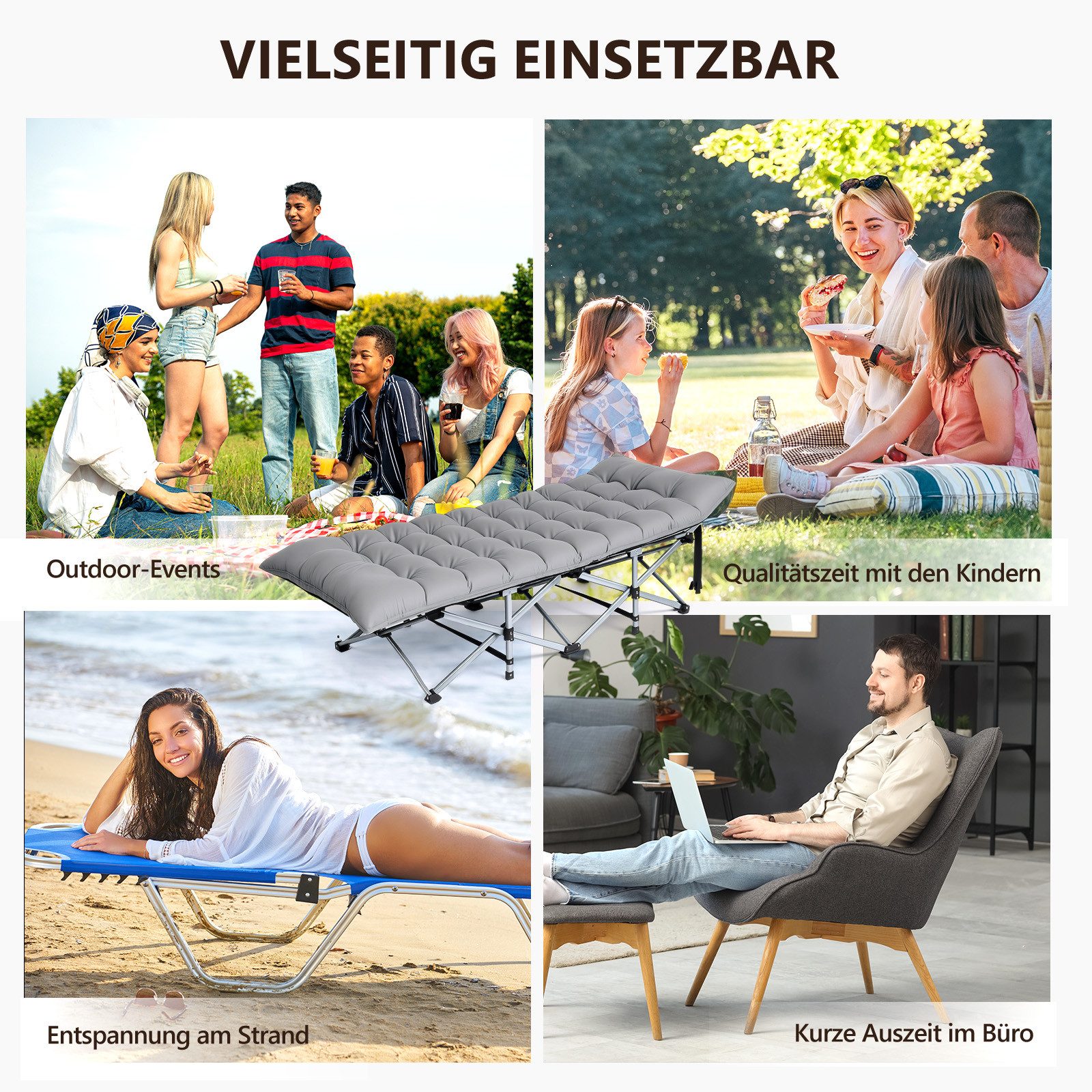 VINGLI Feldbett klappbar mit Matratze – Campingbett aus 600D Oxford Klappliege für Garten, Camping & Strand, 190×71x36 cm, Grau/Schwarz