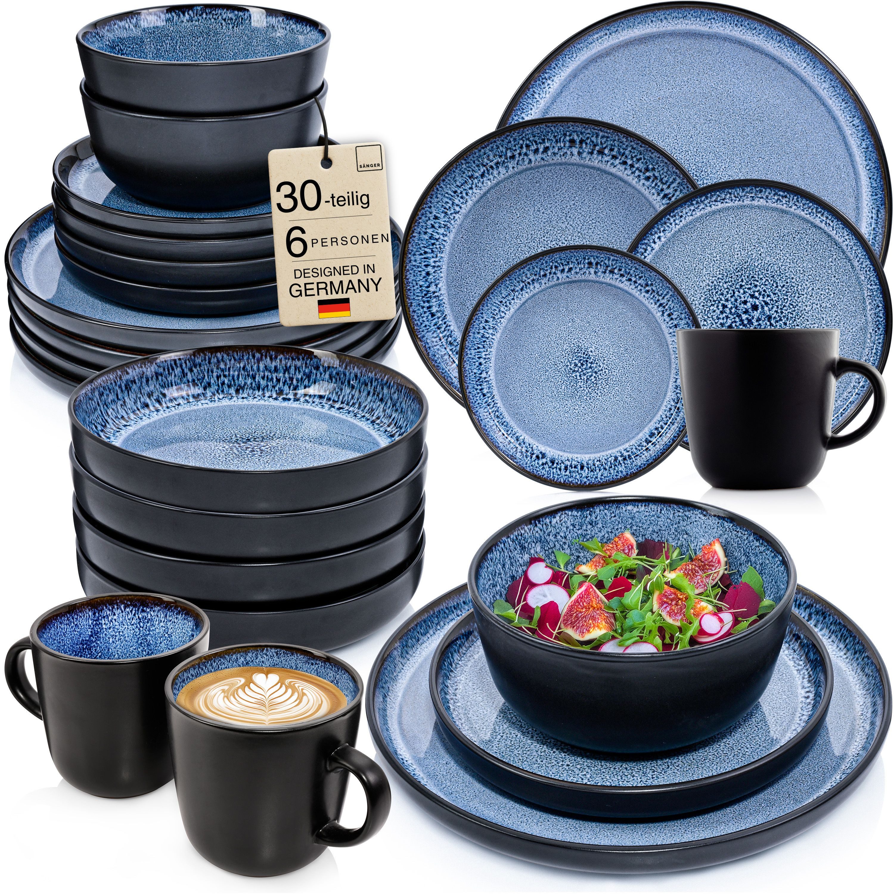 SÄNGER Tafelservice Aruba Geschirrset (30-tlg), 6 Personen, Steingut, blau mit schwarzem Rand, Handmade, Erweiterbar, VALUE COLLECTION