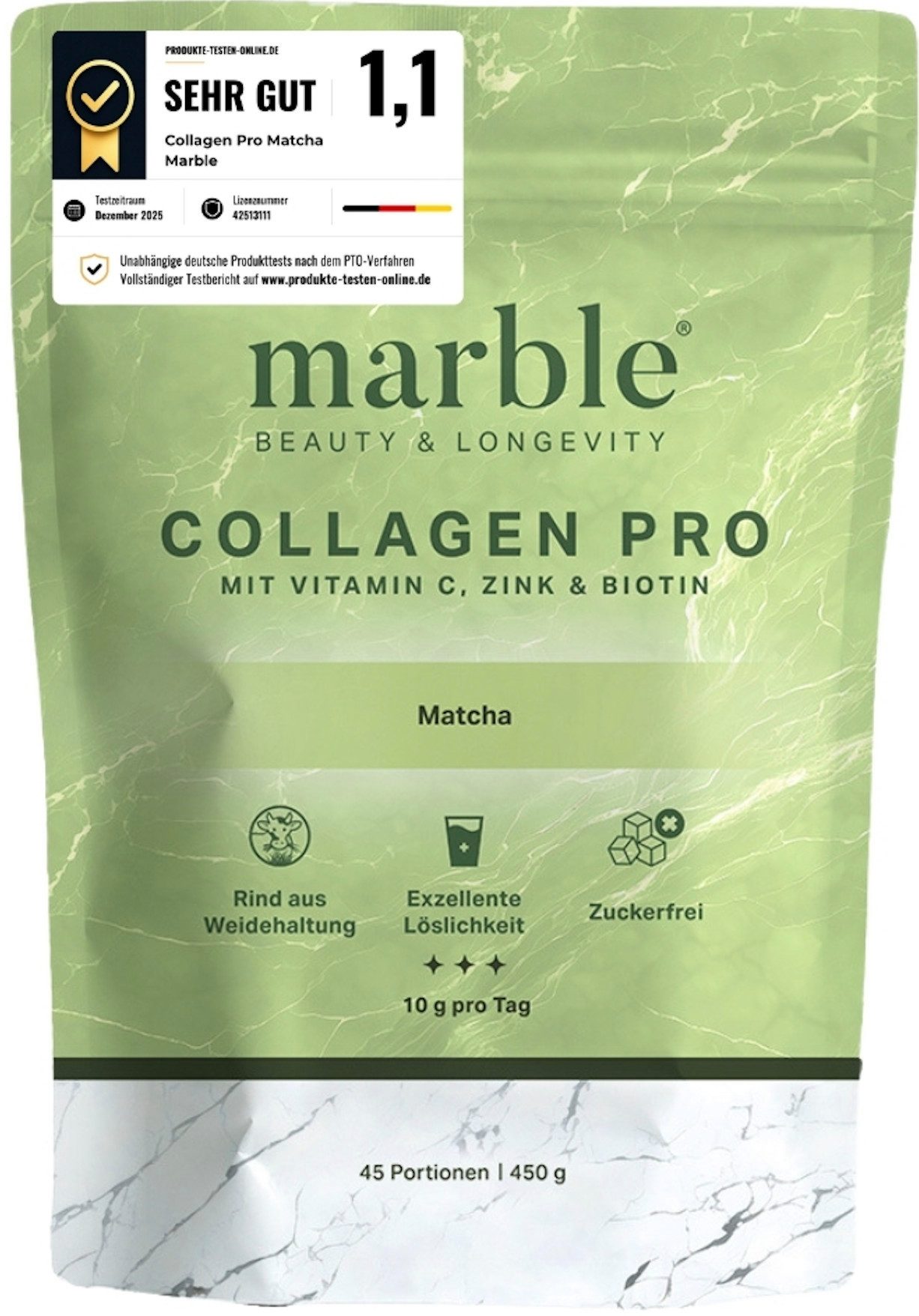 Marble Kollagen Pro 450 g – Matcha mit Vitamin C, Zink & Biotin - marble® Pulver, 1 er Packung à 1 St., 450 g, 10% Echtes Matcha und 90% Collagenpeptide