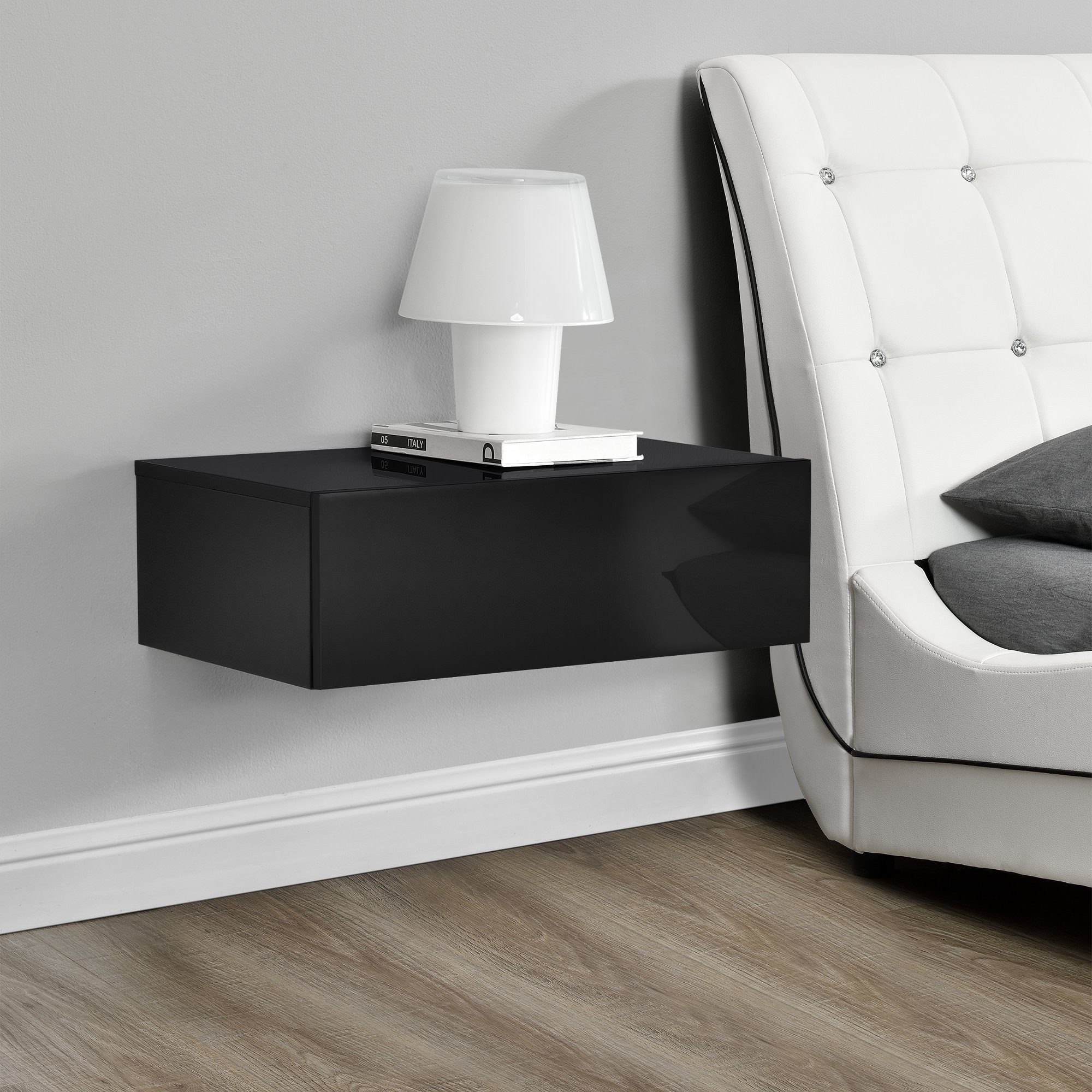 en.casa Nachtschrank »Oslo« Wandboard mit Schublade 46x30x15cm Schwarz Hochglanz