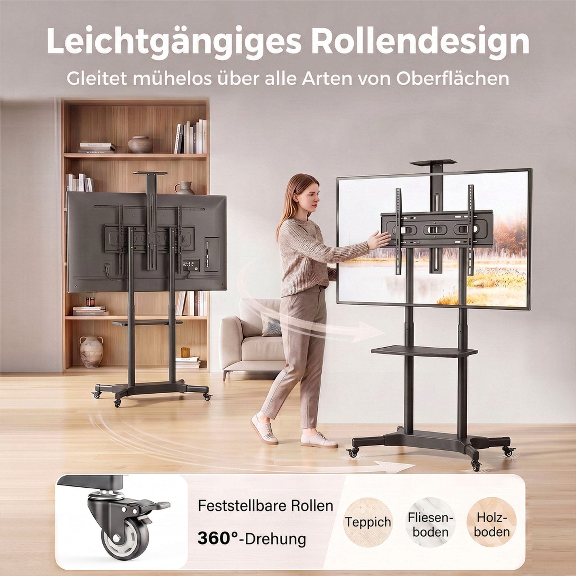 HOMCOM TV-Ständer Kameraablage und Medienablage, (bis 75 Zoll, Set, 1-tlg., 1-tlg., Höhenverstellbar, Rollen mit Feststeller) – Bild 5 von 5