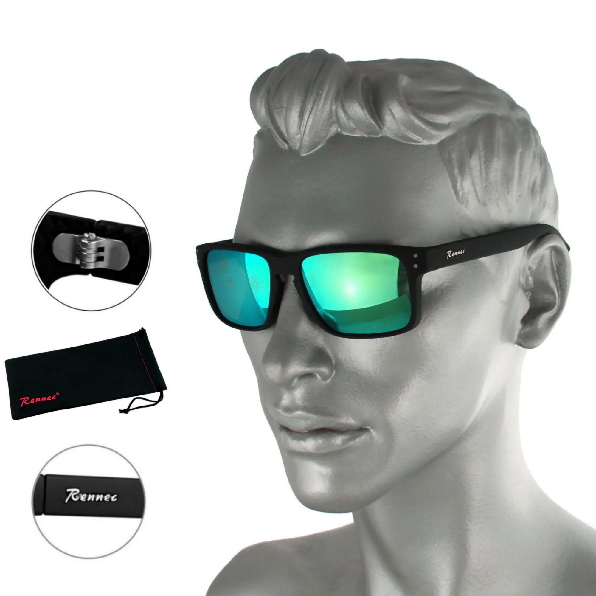 Rennec Sonnenbrille (Marken Sonnenbrille Herren Rechteckig Schwarz Matt) Gläser Türkis Verspiegelt, 3in2 Bügelgelenke, Markenschriftzug