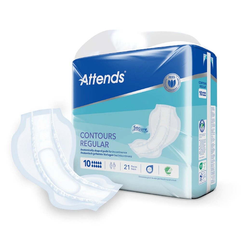 Attends GmbH Inkontinenz-Einlage Attends Contours Regular 10, 10 von 10, 21-St., Saugstärke 10/10, 78,5 x 25 cm, Nässeindikator, für Fixierhose