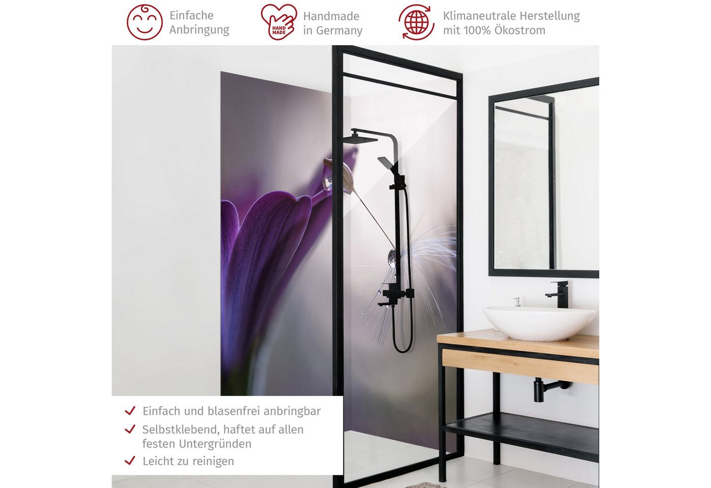 Thumbnail - Bilderdepot24 Badrückwand Fliesen Blumen violett Duschrückwand ohne Bohren Dusche, (2-tlg., Hart-Folie Premium matt 0,61...