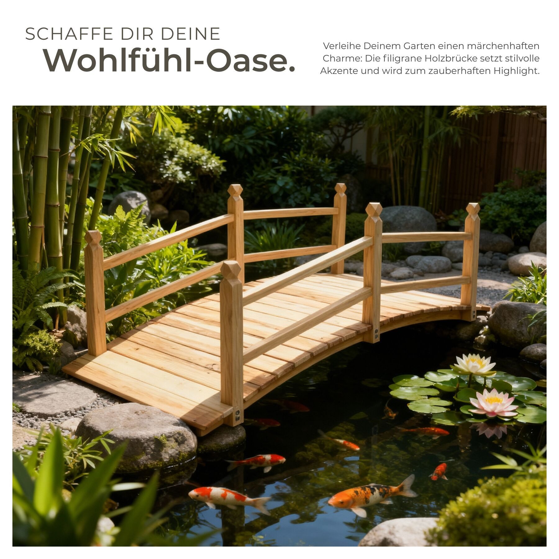 tectake Zierbrücke Gartenbrücke aus Holz, 137 x 58 x 58 cm, (Holzbrücke Cantara, in braun), wetterfest, mit Geländer, Belastbarkeit 150 kg